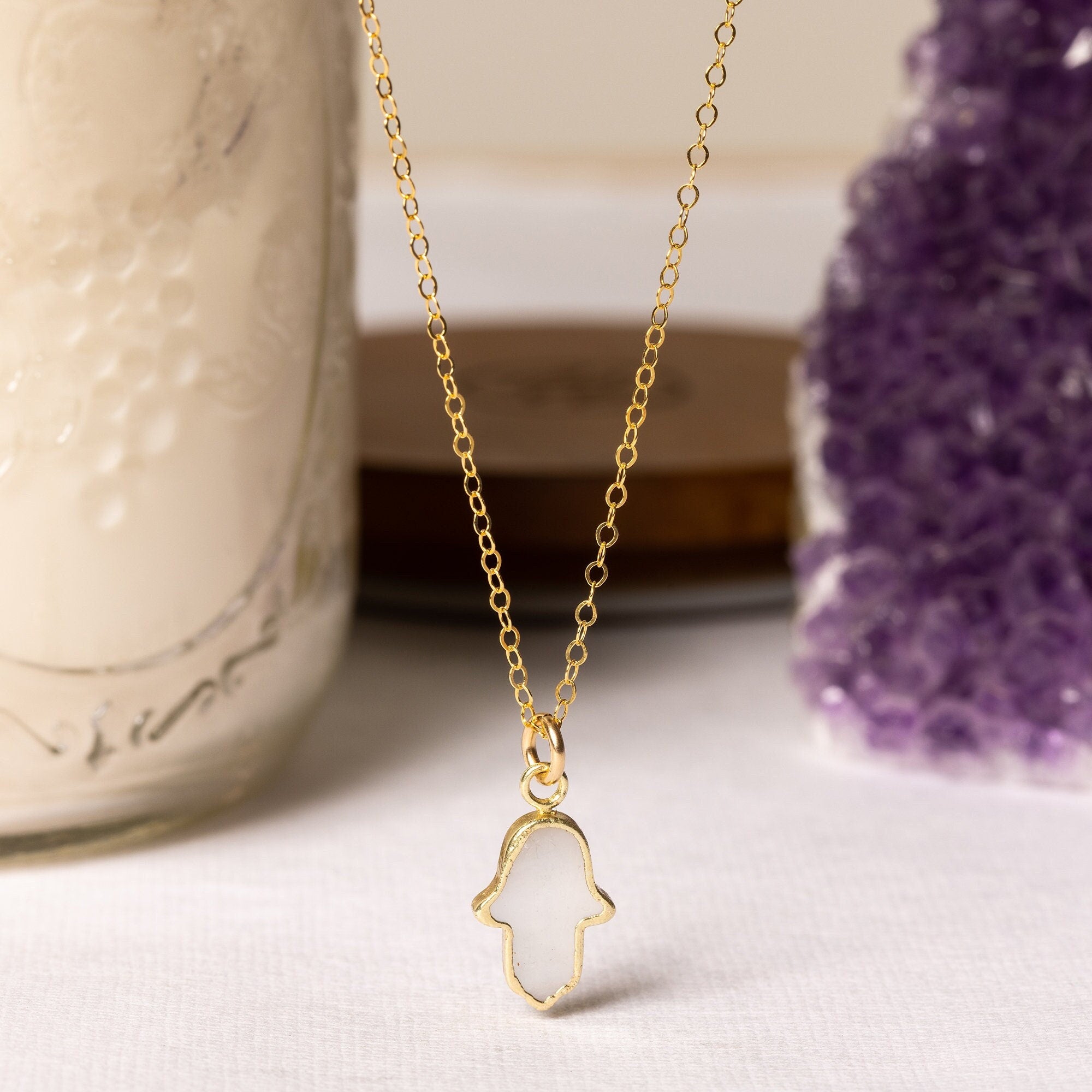 Mother of Pearl Mini Hamsa Necklace 14k Gold Filled Chain Necklaces Soul & Little Rose