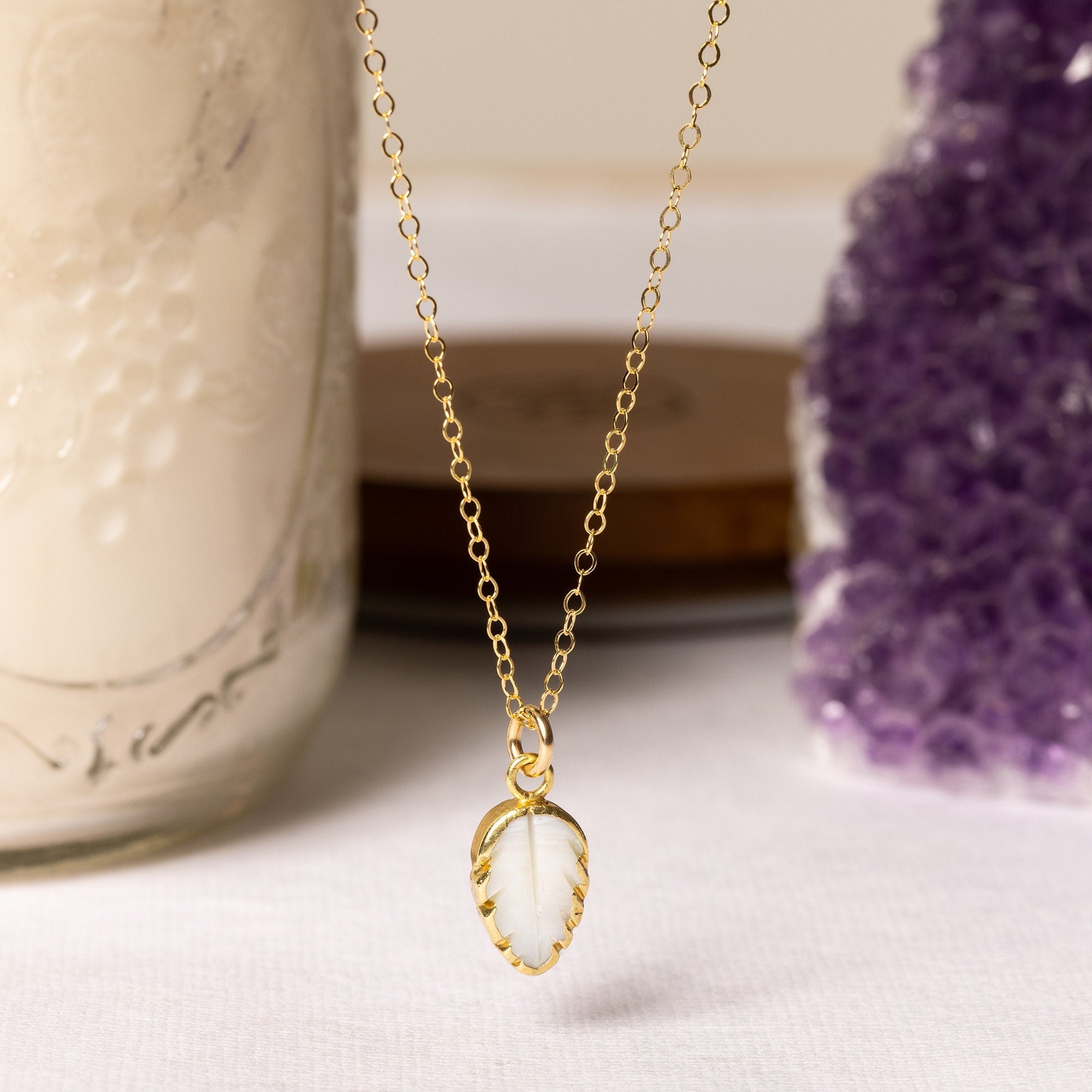 Mini Mother of Pearl Leaf necklace 14k Gold Filled Chain Necklaces Soul & Little Rose