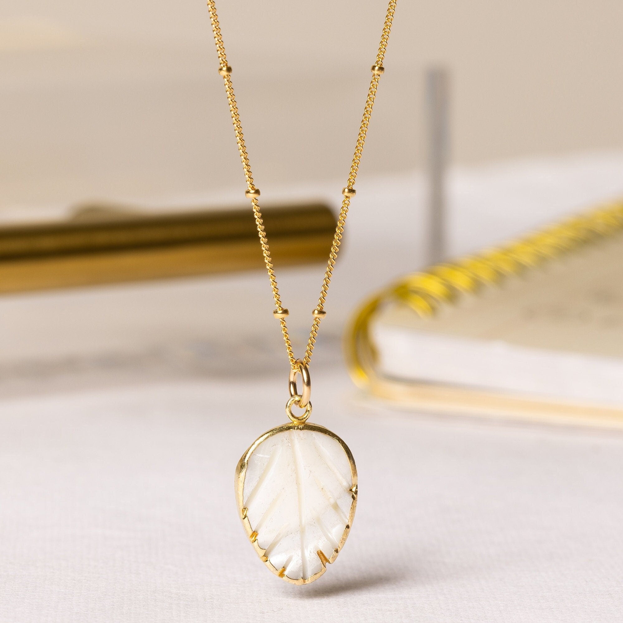 Gold Mother of Pearl Leaf Pendant Necklace Necklaces Soul & Little Rose