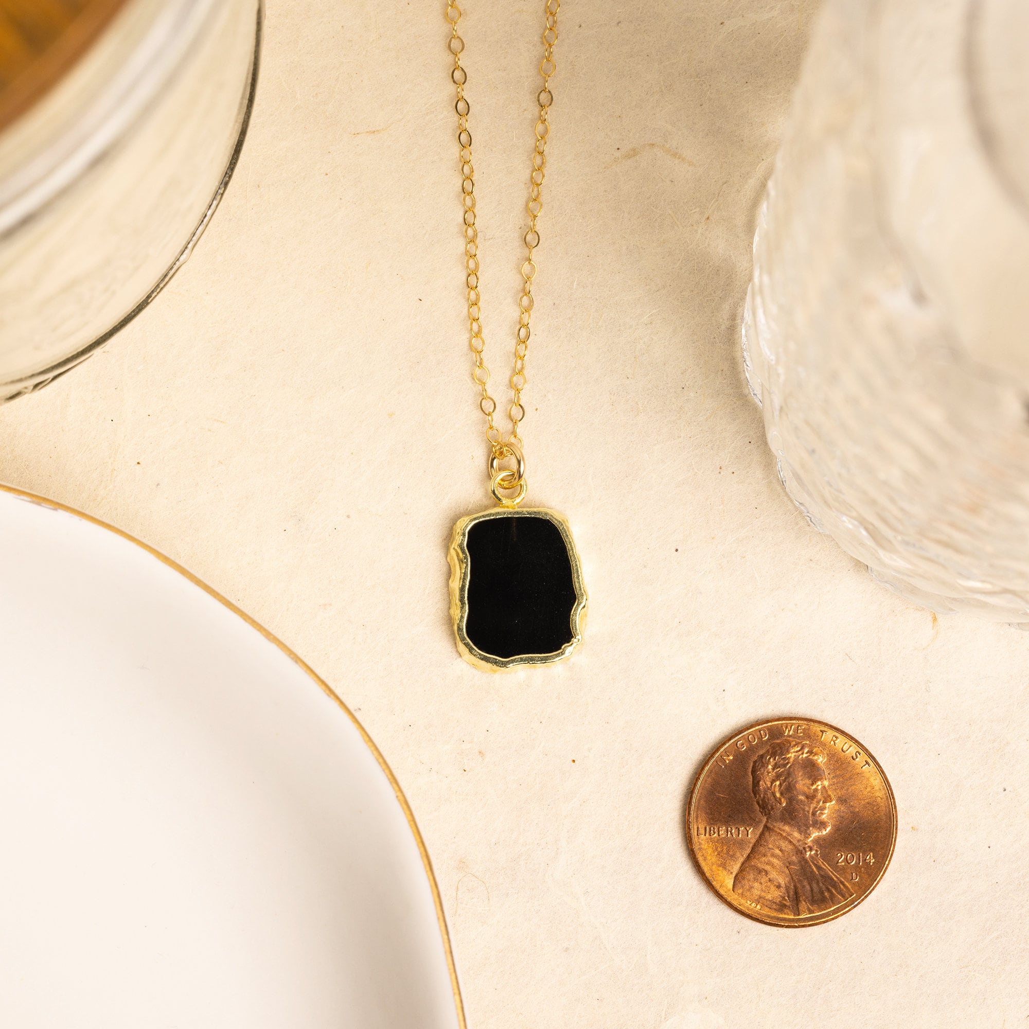 Raw Genuine Black Obsidian Slice Pendant on 14k Gold Filled Chain Necklaces Soul & Little Rose