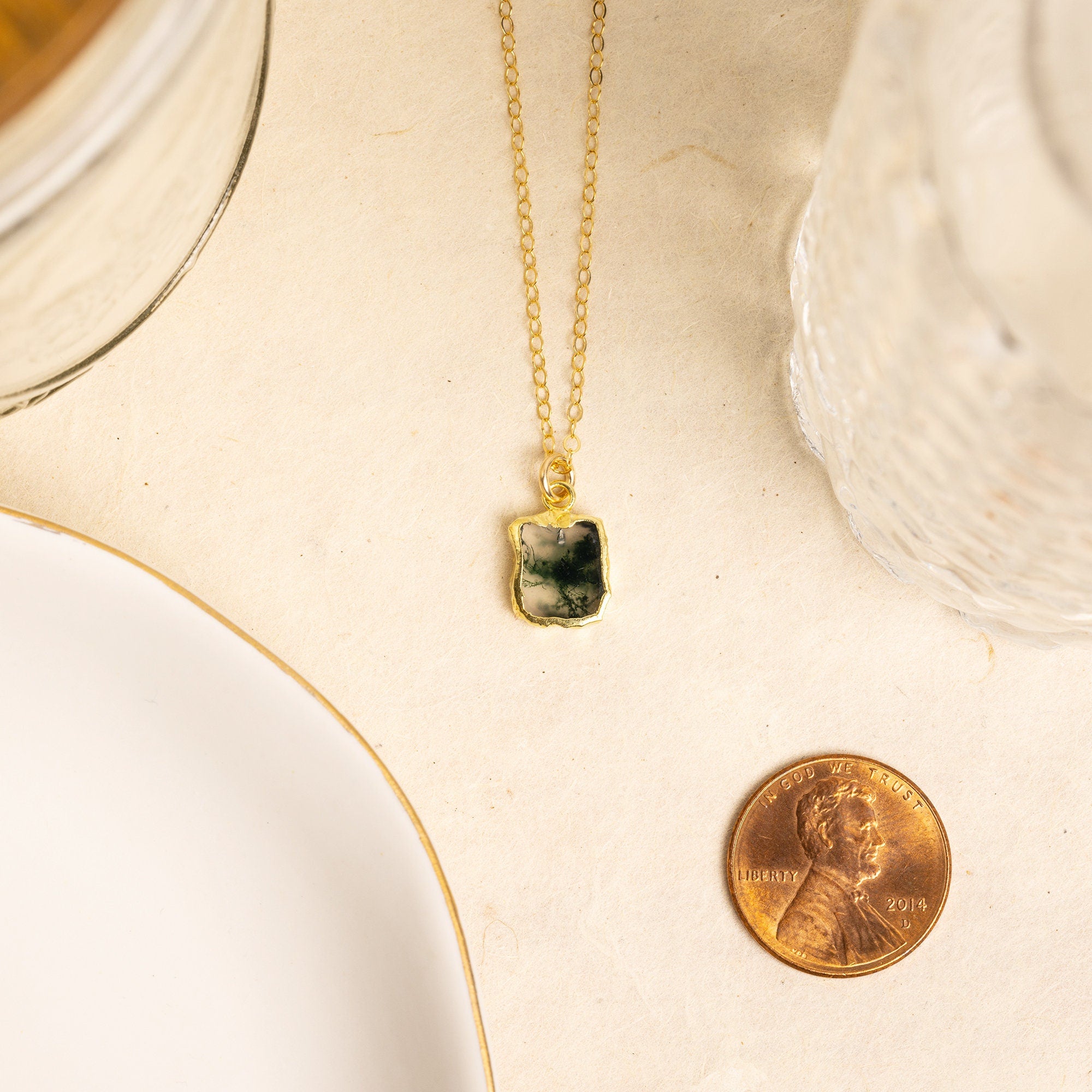 Mini Moss Agate Raw Slice Gold Chain Necklace 14k Gold Filled chain Necklaces Soul & Little Rose