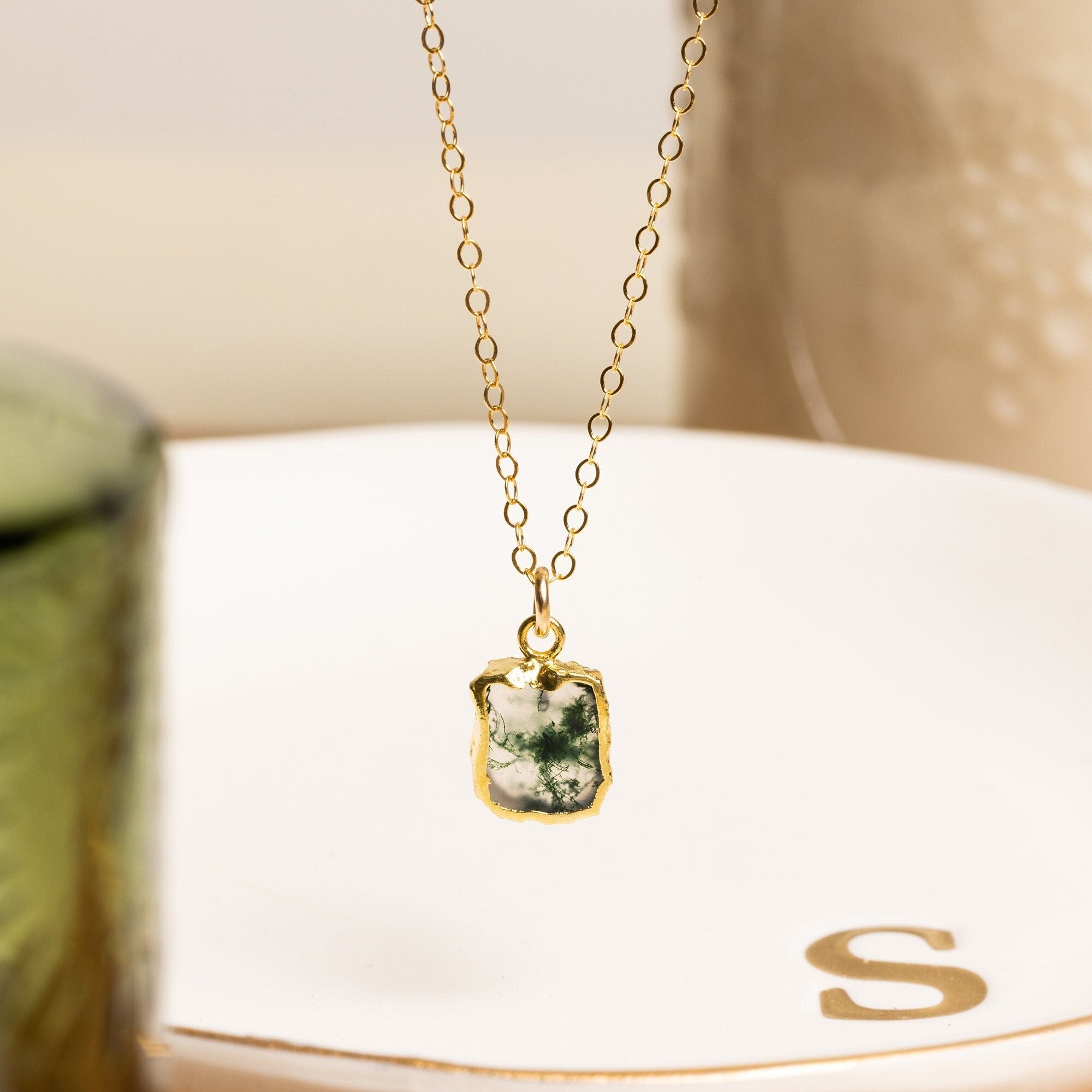 Mini Moss Agate Raw Slice Gold Chain Necklace 14k Gold Filled chain Necklaces Soul & Little Rose