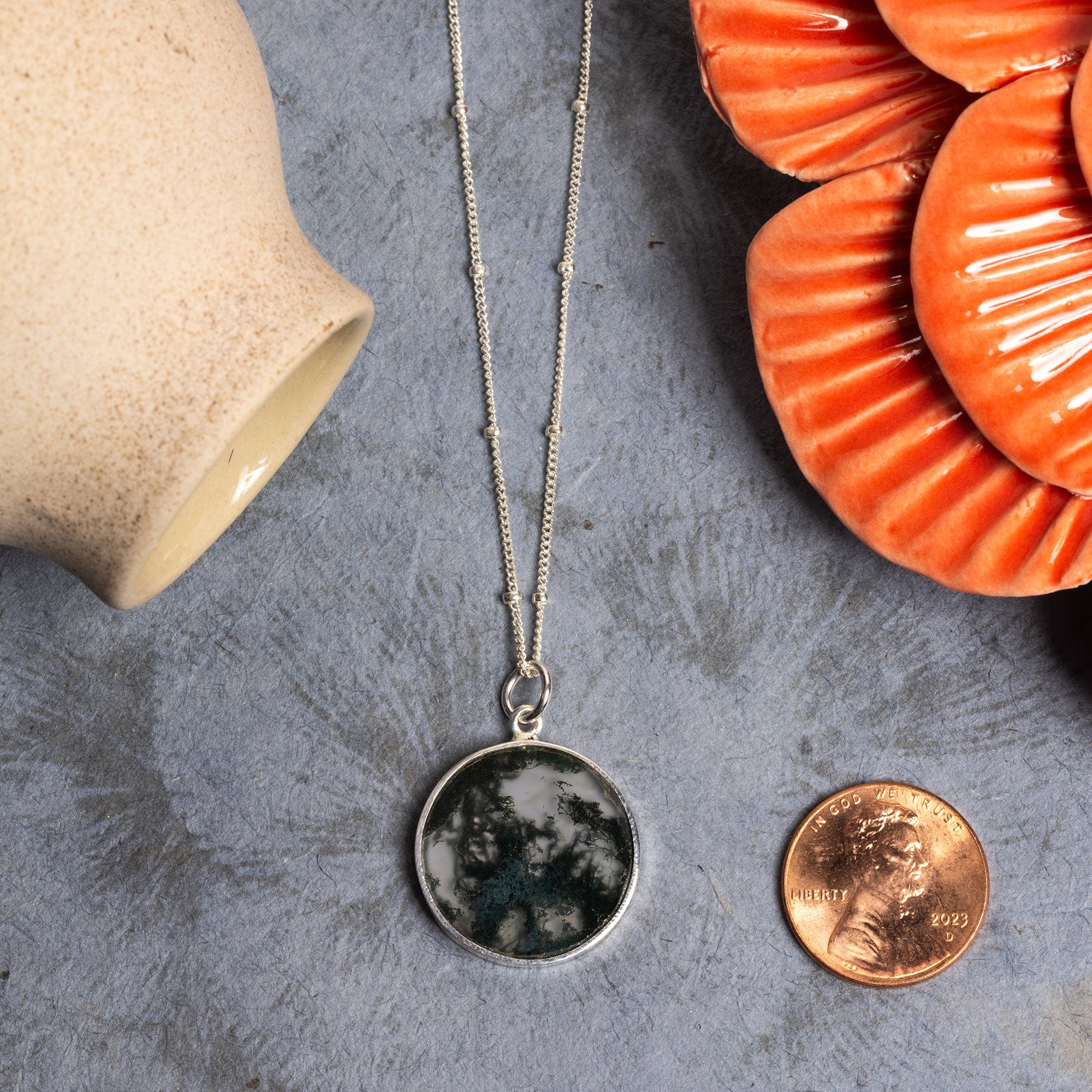 Moss Agate Gemstone Round Pendant on 925 Sterling Silver Satellite Chain Necklaces Soul & Little Rose