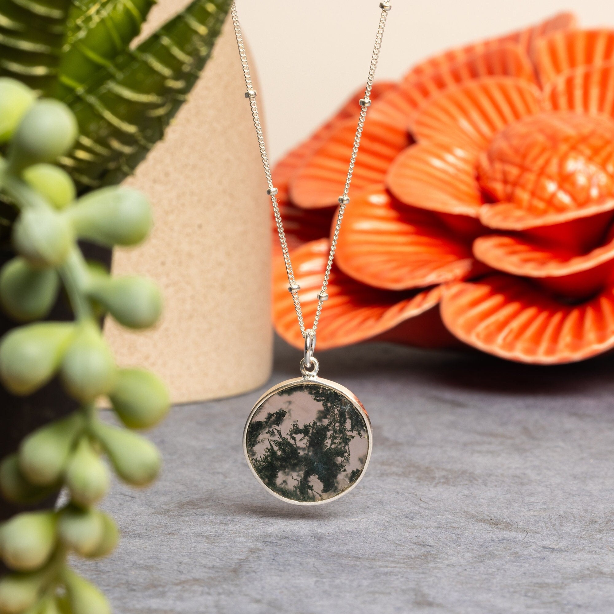 Moss Agate Gemstone Round Pendant on 925 Sterling Silver Satellite Chain Necklaces Soul & Little Rose