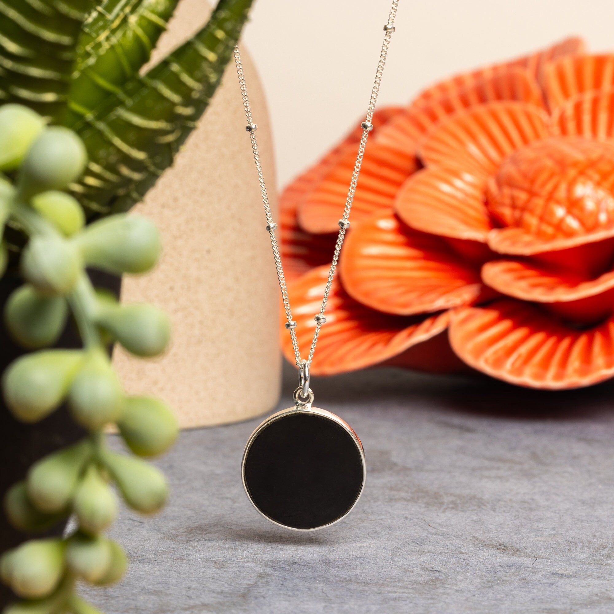 Black Onyx Sterling Silver Round Circle Pendant Charm Necklace 20