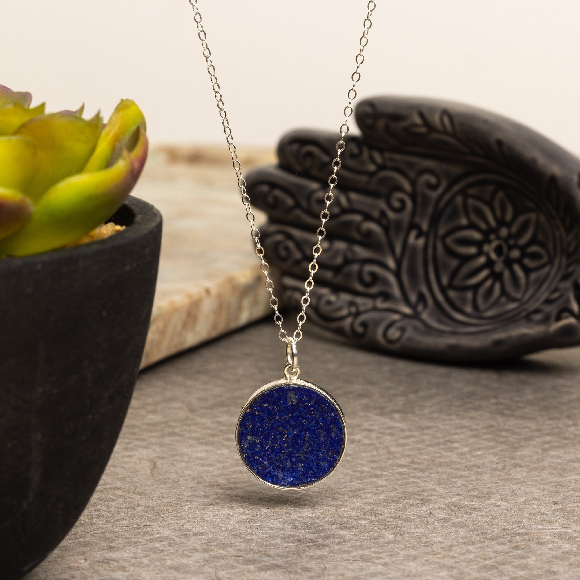 Lapis Lazuli Round 925 Sterling Silver Circle Pendant Necklace Necklaces Soul & Little Rose   