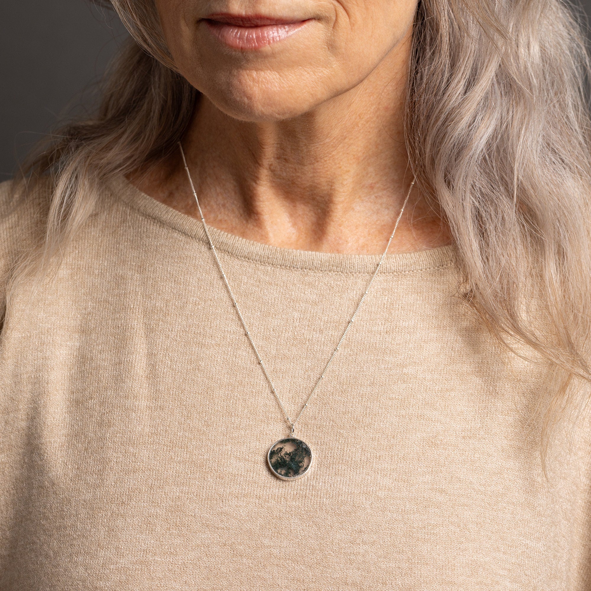 Moss Agate Gemstone Round Pendant on 925 Sterling Silver Satellite Chain Necklaces Soul & Little Rose