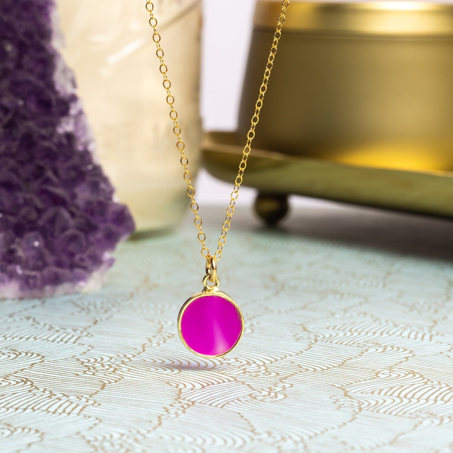Fuchsia Chalcedony 14K Gold Filled Gold Round Pendant Necklace Necklaces Soul & Little Rose   