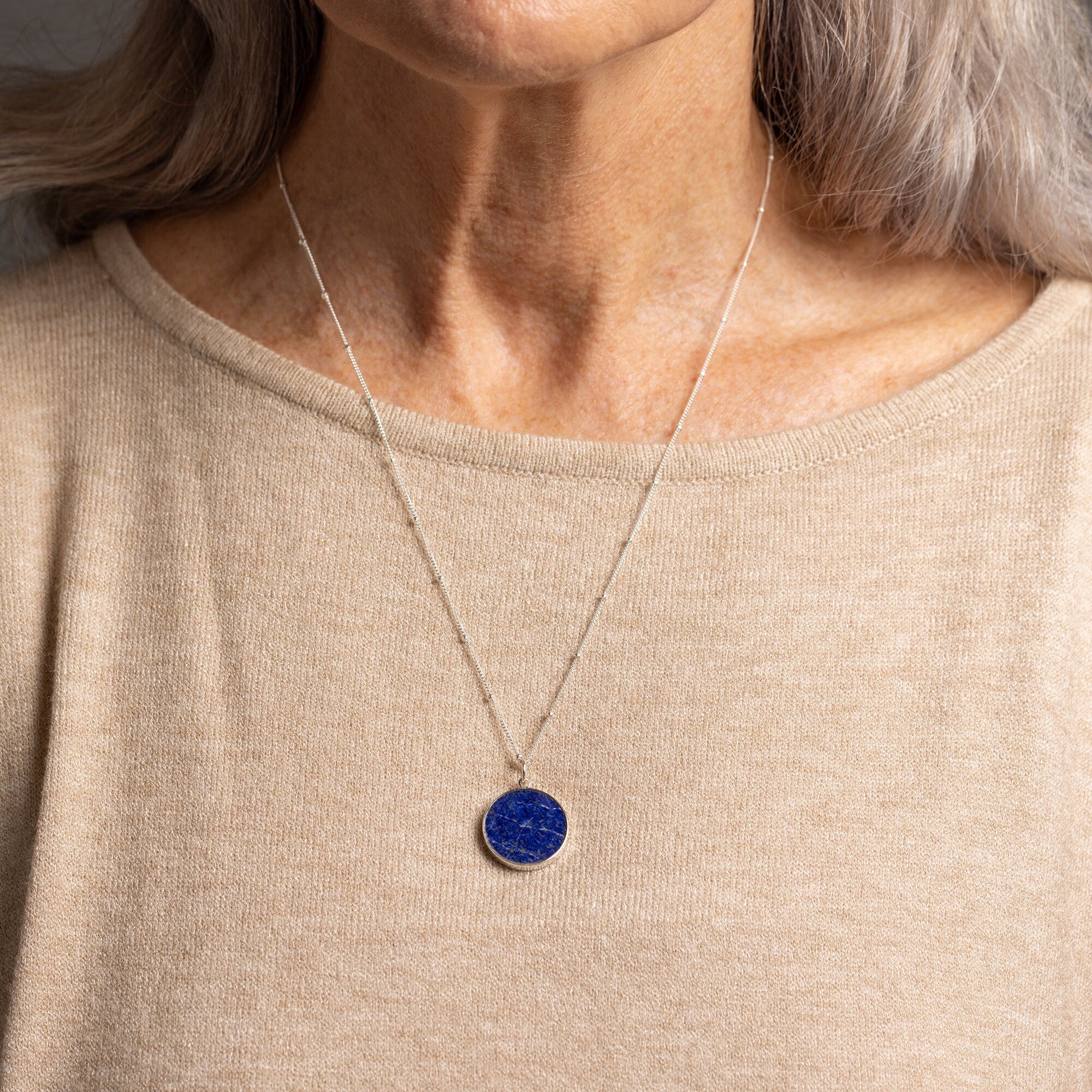 Lapis Lazuli Round Circle Pendant Charm on 925 Sterling Silver Satellite Chain Necklaces Soul & Little Rose