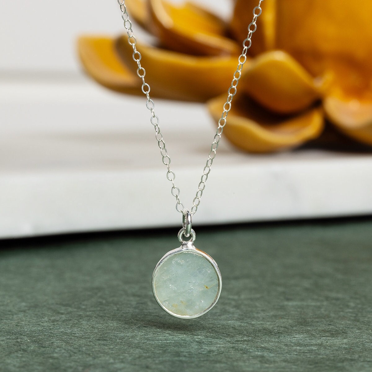 HAquamarine 925 Sterling Silver Round Disc Pendant Cable Chain Necklaces Soul & Little Rose