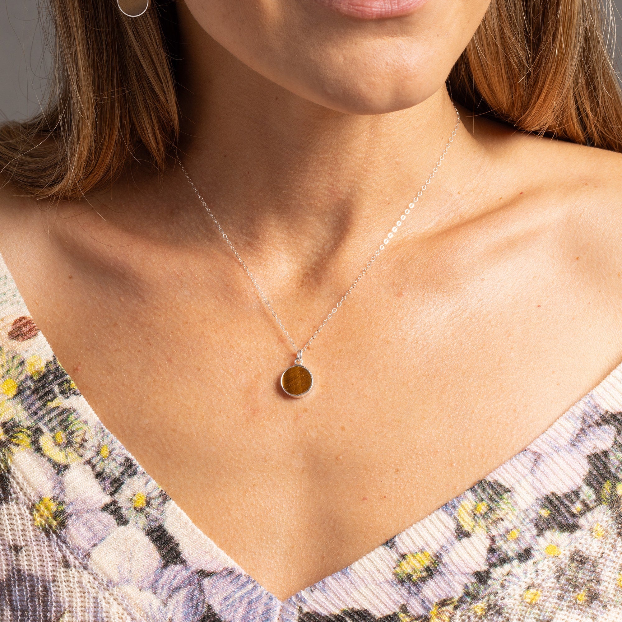 Tiger's Eye 925 Sterling Silver Round Disc Pendant on Cable Chain Necklaces Soul & Little Rose