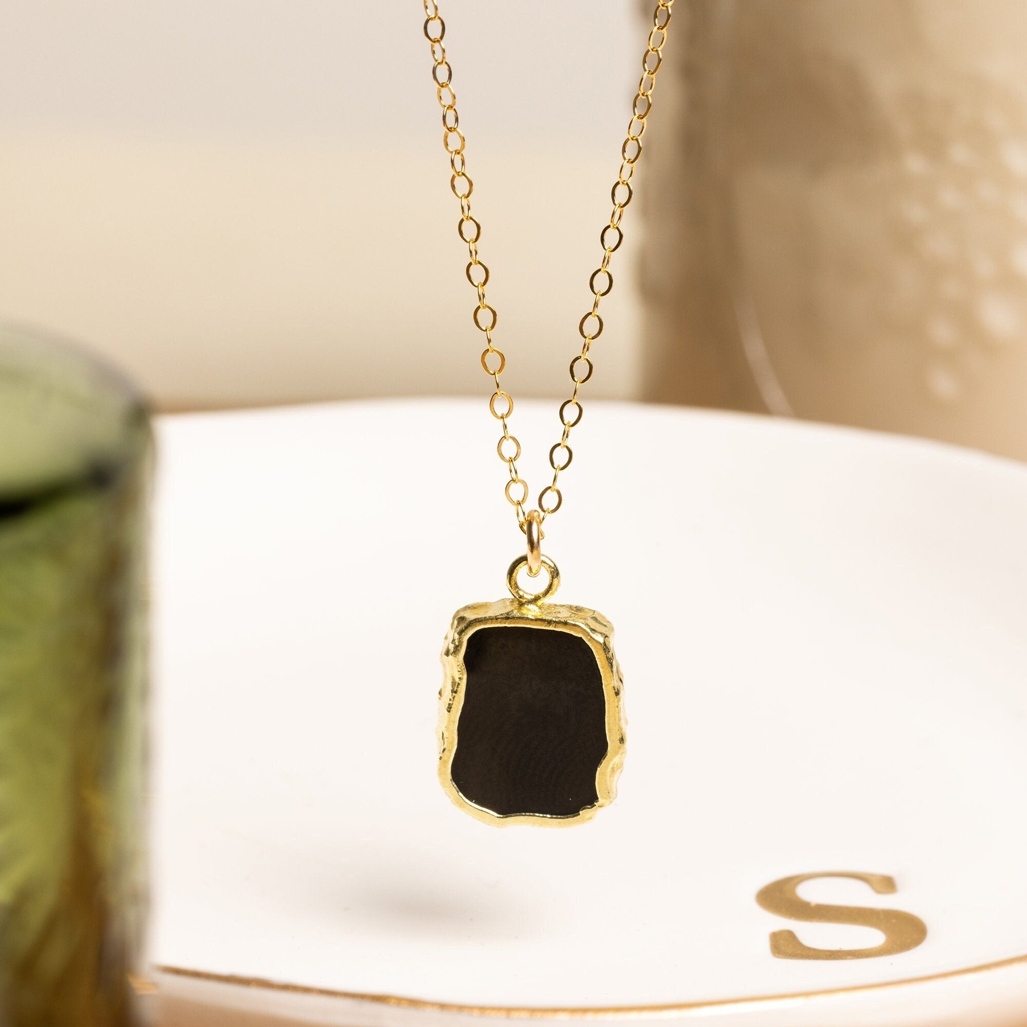 Raw Genuine Black Obsidian Slice Pendant on 14k Gold Filled Chain Necklaces Soul & Little Rose