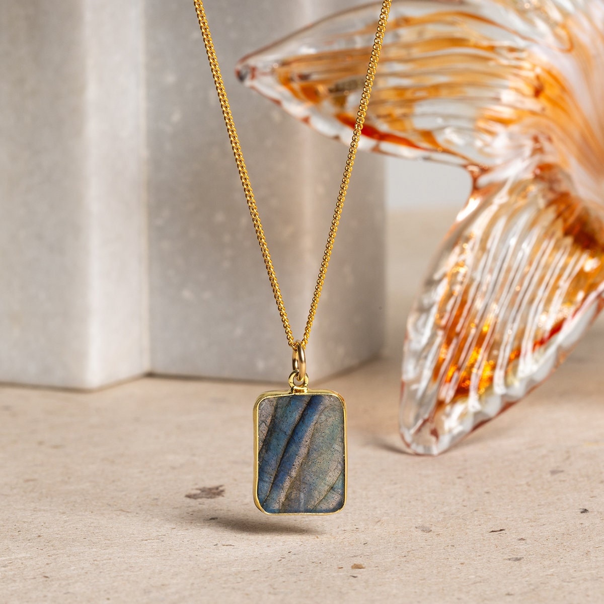 Labradorite Gold Rectangle Pendant Charm Necklace on 14k Gold Filled Curb Chain Necklaces Soul & Little Rose