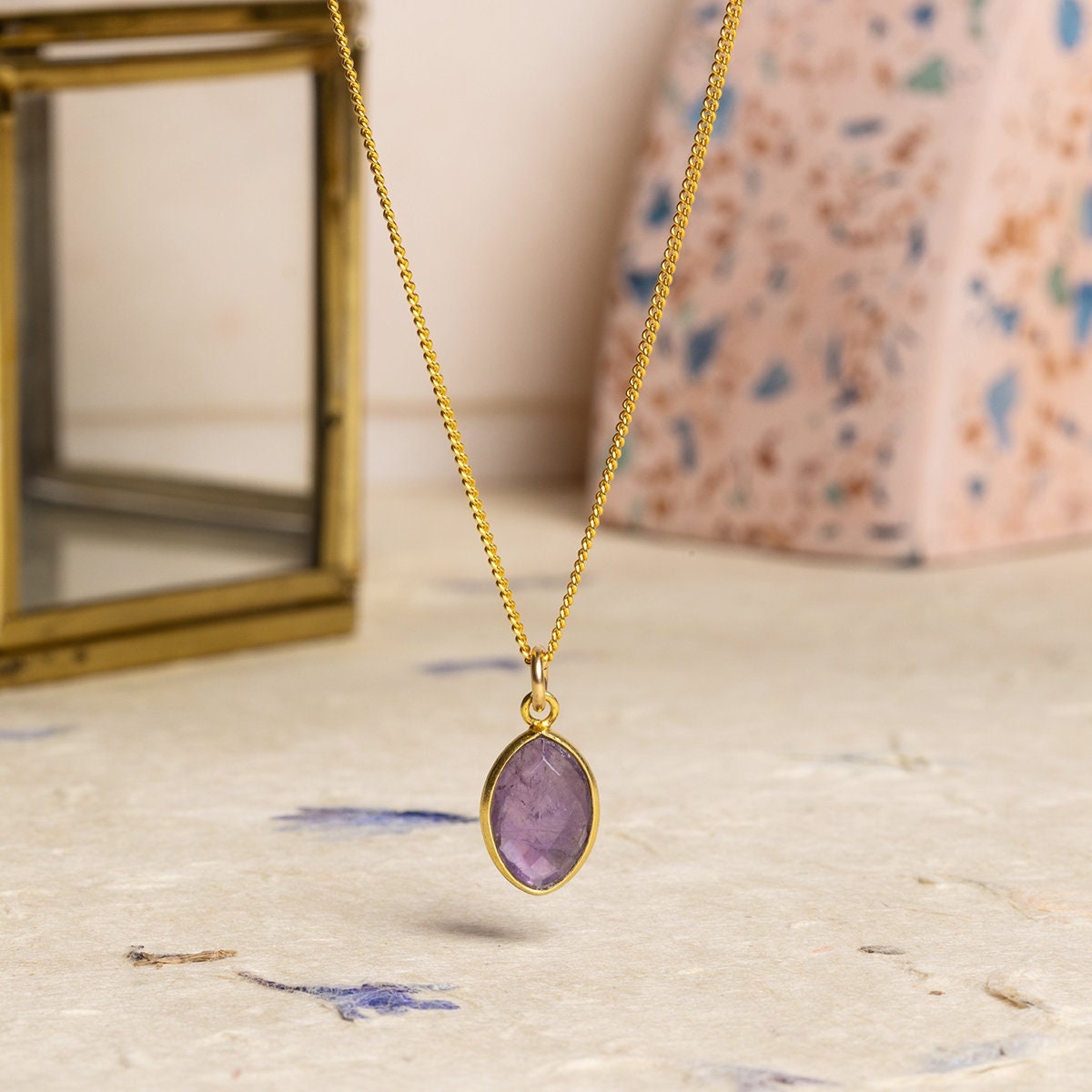 Purple Amethyst Marquise Drop Pendant Necklace 14k Gold Filled
