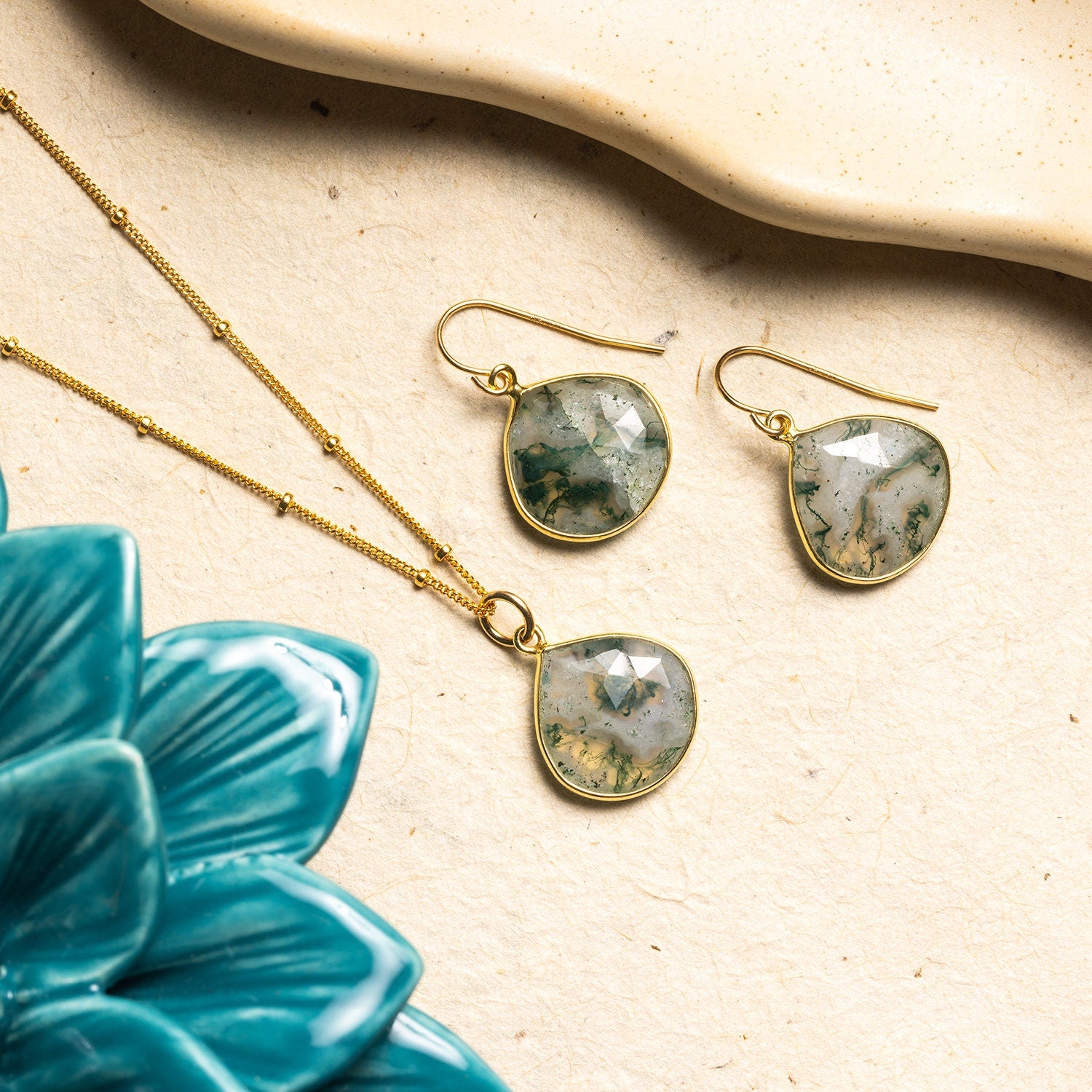 14k Gold Filled Moss Agate Drop Necklace and Earrings SET Necklace and Earrings Set Soul & Little Rose