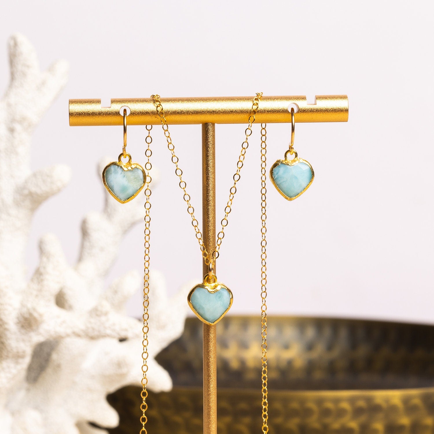 Larimar Heart Pendant Necklace and Drop Earrings Jewelry Set Necklace and Earrings Set Soul & Little Rose