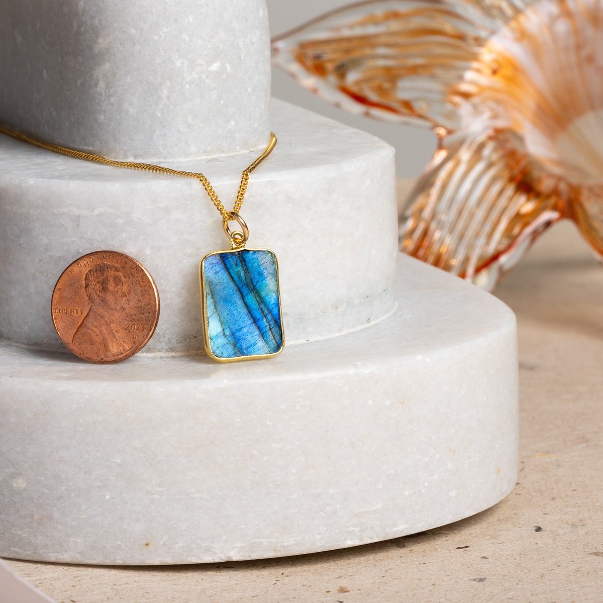 Labradorite Gold Rectangle Pendant Charm Necklace on 14k Gold Filled Curb Chain Necklaces Soul & Little Rose