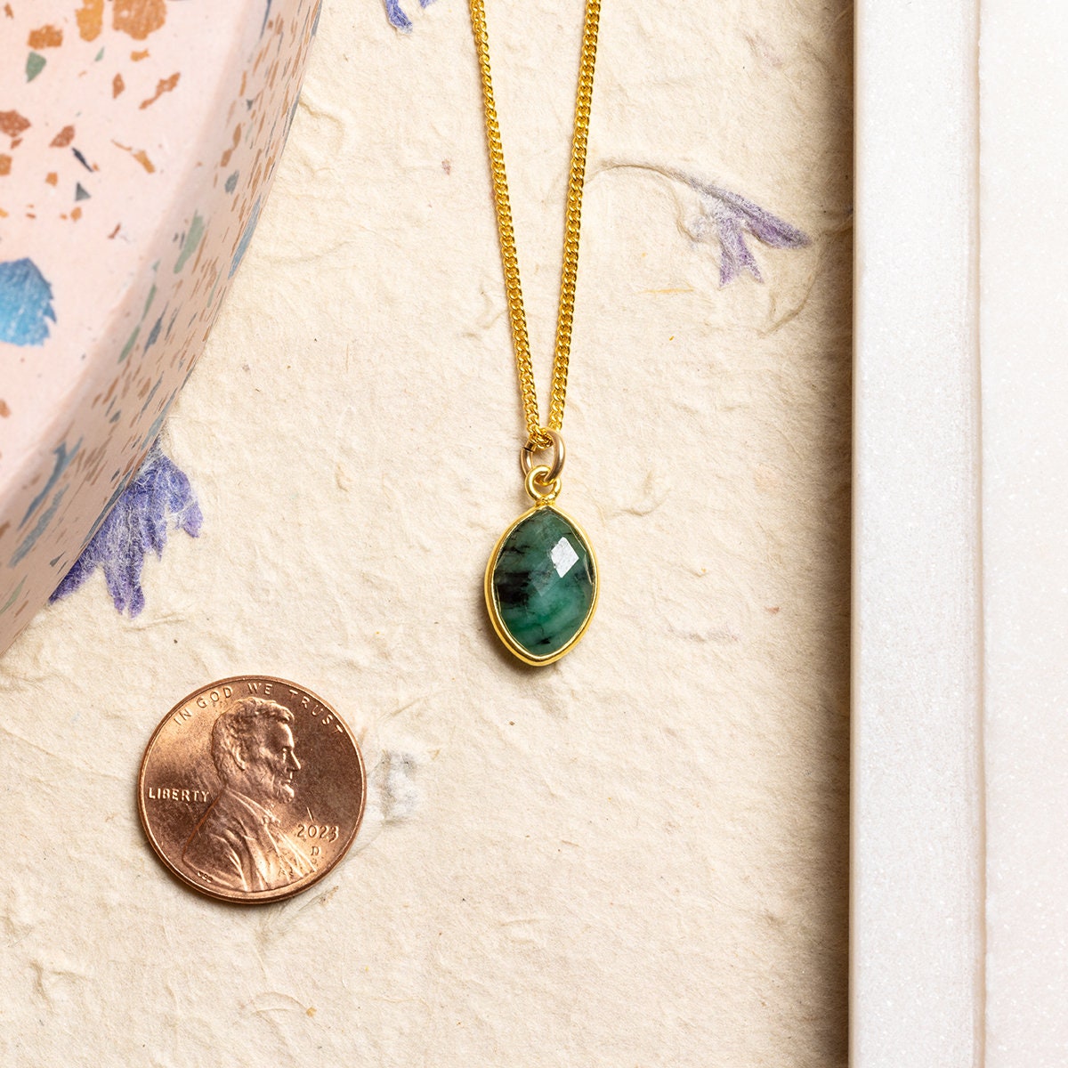 Raw Emerald Marquise Cut Drop Pendant Necklace 14k gold filled curb chain Necklaces Soul & Little Rose