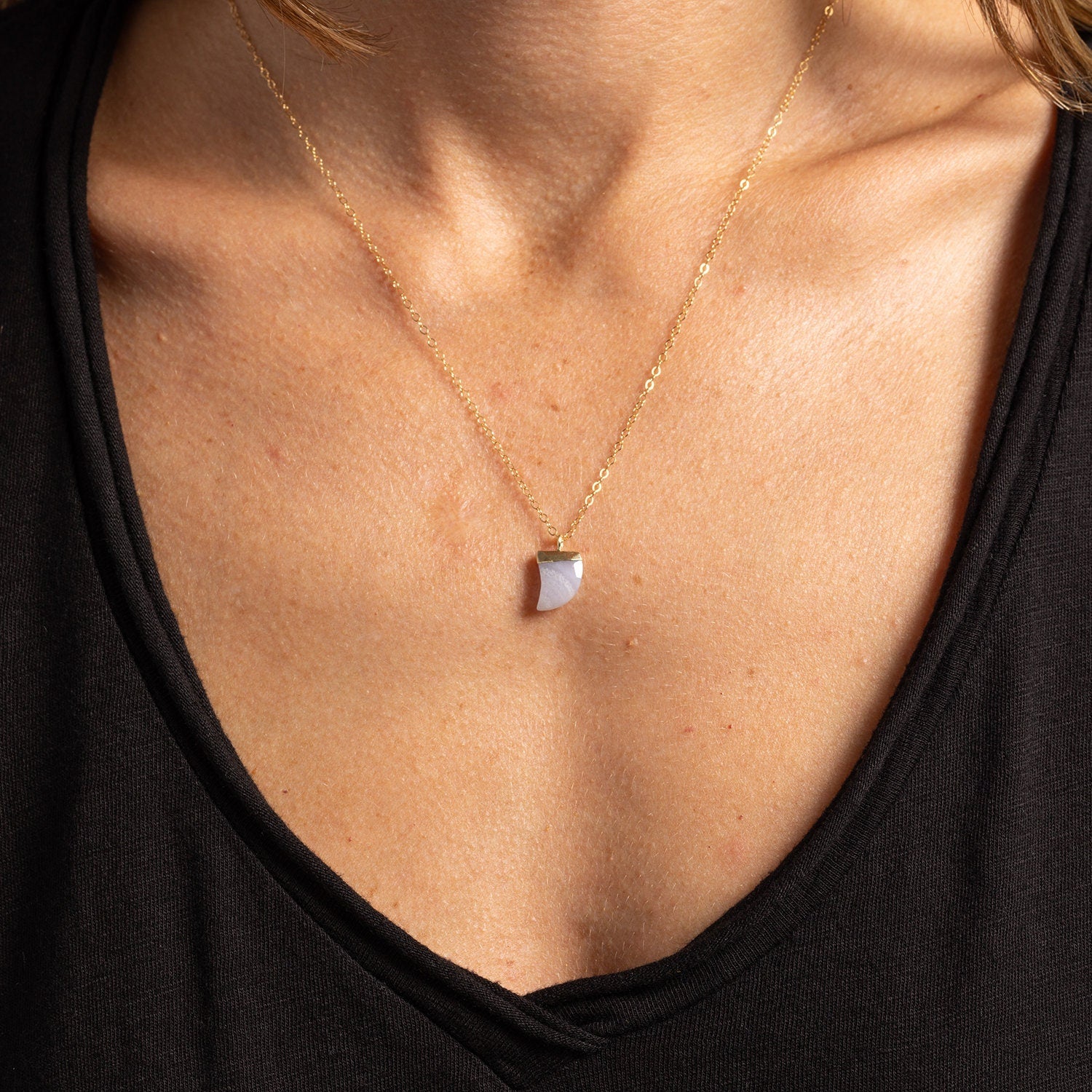 Dainty Blue Lace Agate Horn Shaped Pendant Necklace on 14k Gold filled chain Necklaces Soul & Little Rose