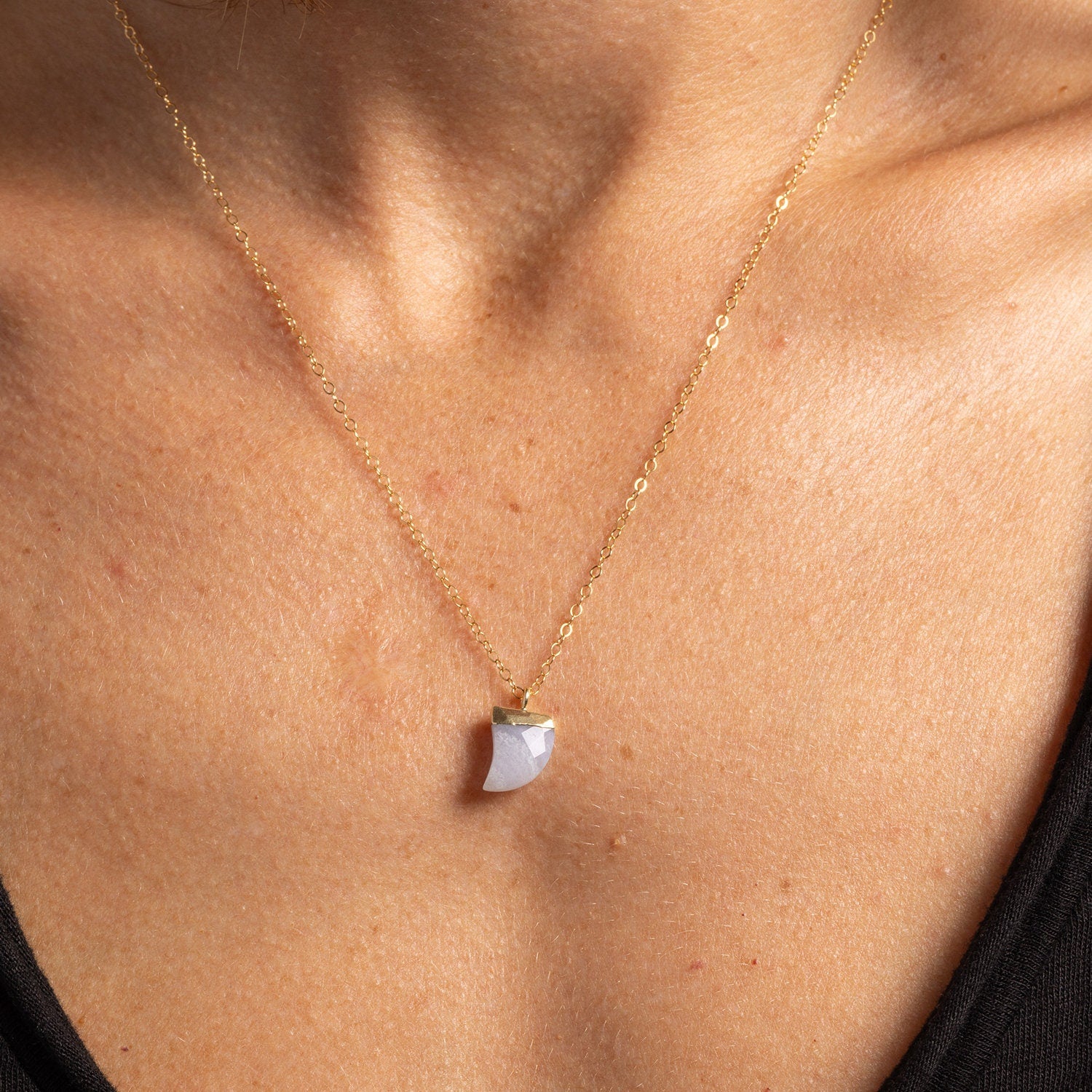 Dainty Blue Lace Agate Horn Shaped Pendant Necklace on 14k Gold filled chain Necklaces Soul & Little Rose