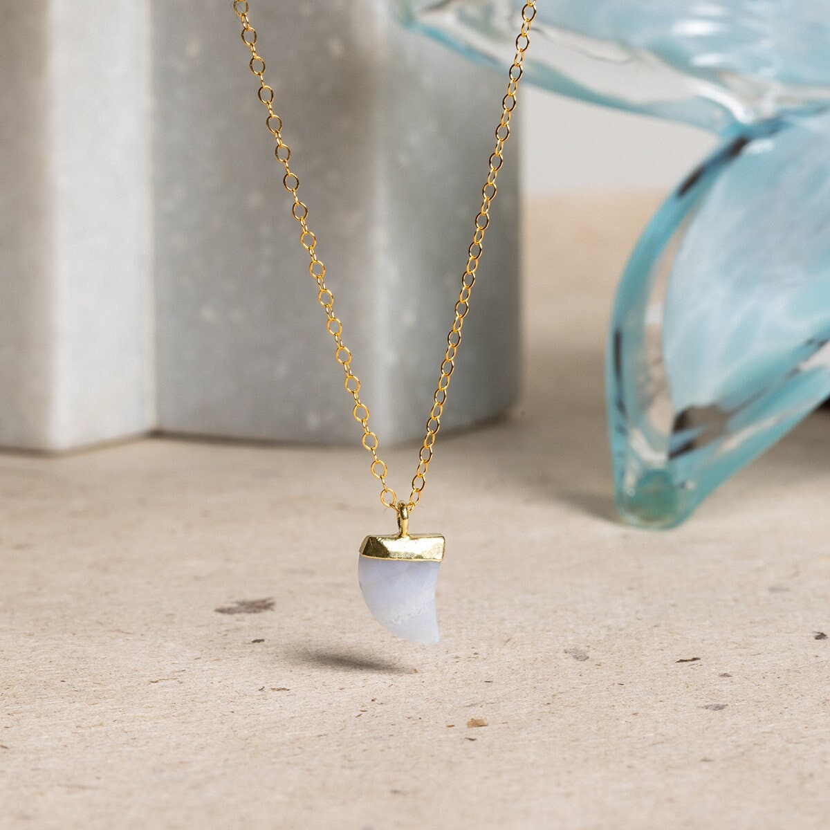 Dainty Blue Lace Agate Horn Shaped Pendant Necklace on 14k Gold filled chain Necklaces Soul & Little Rose