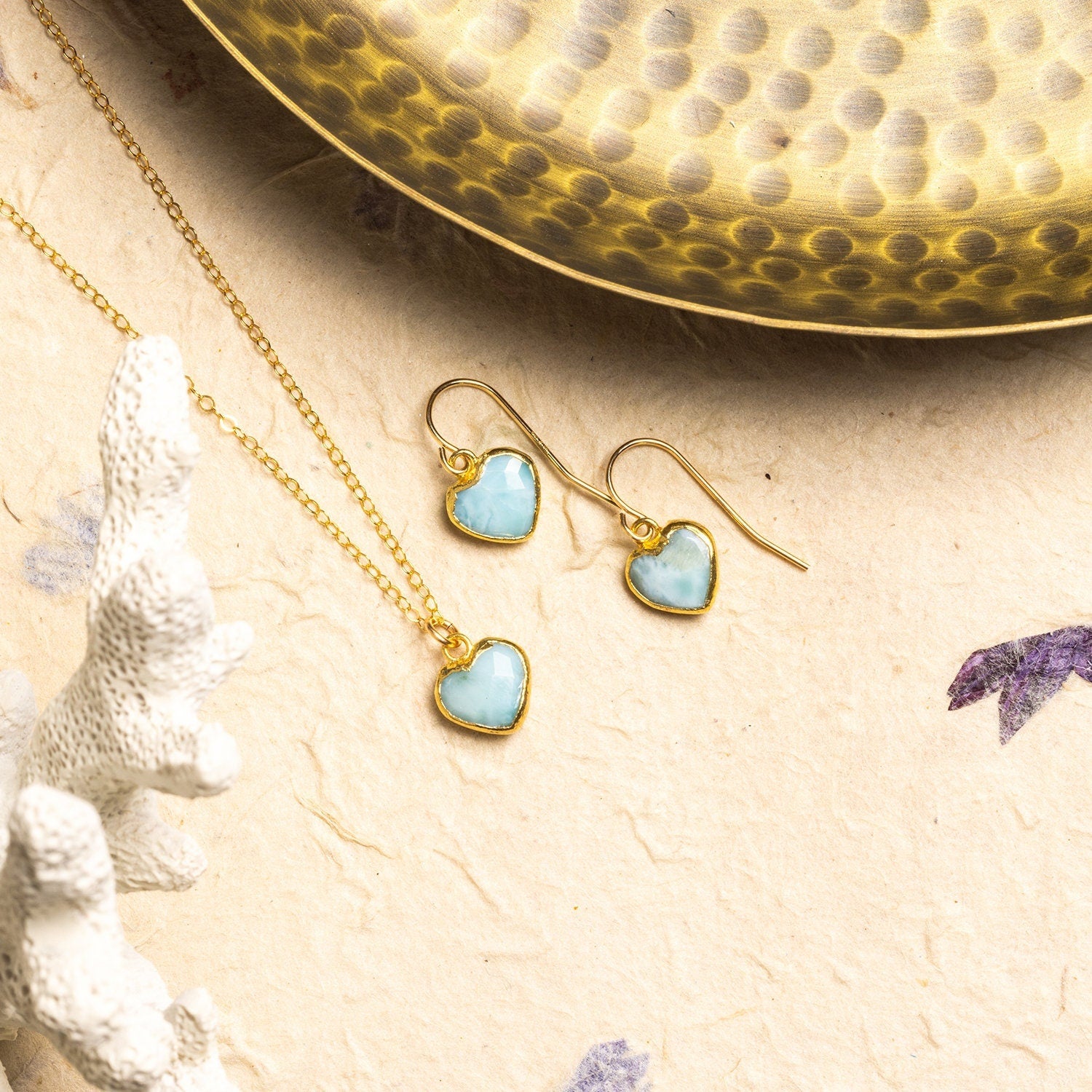 Larimar Heart Pendant Necklace and Drop Earrings Jewelry Set Necklace and Earrings Set Soul & Little Rose