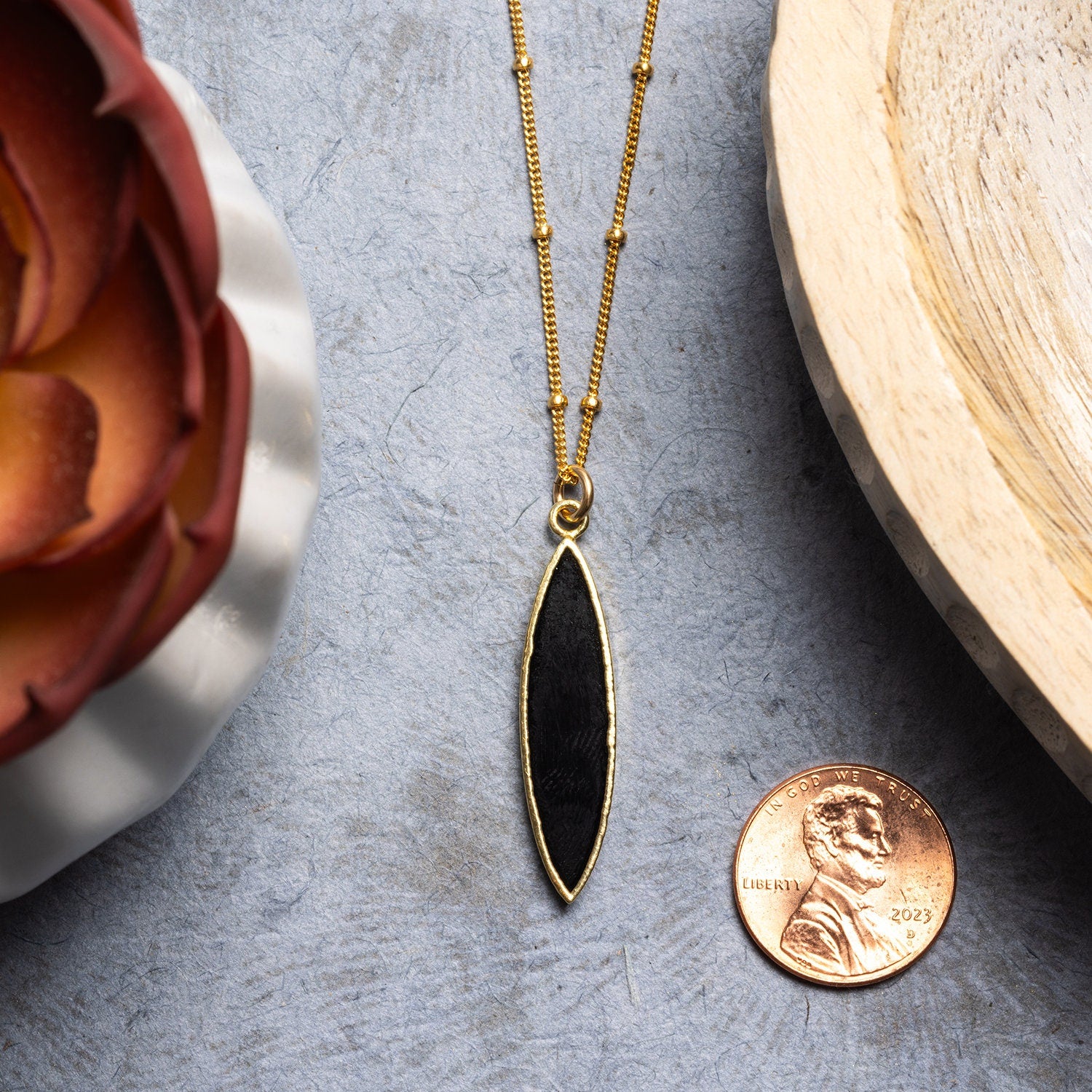 Gold Filled Elongated Marquise Black Onyx Pendant Necklace Necklaces Soul & Little Rose