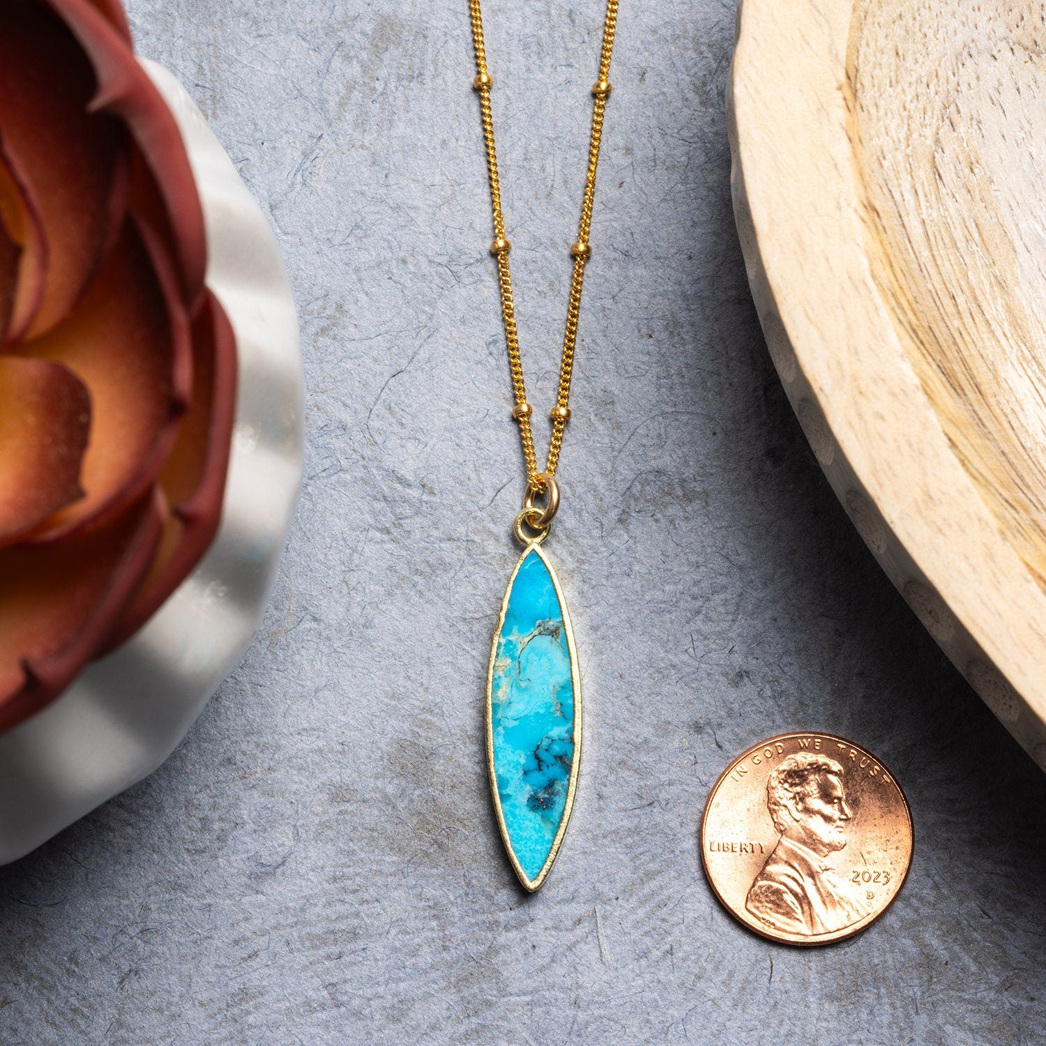 Gold Filled Long Marquise Turquoise Pendant Necklace Necklaces Soul & Little Rose