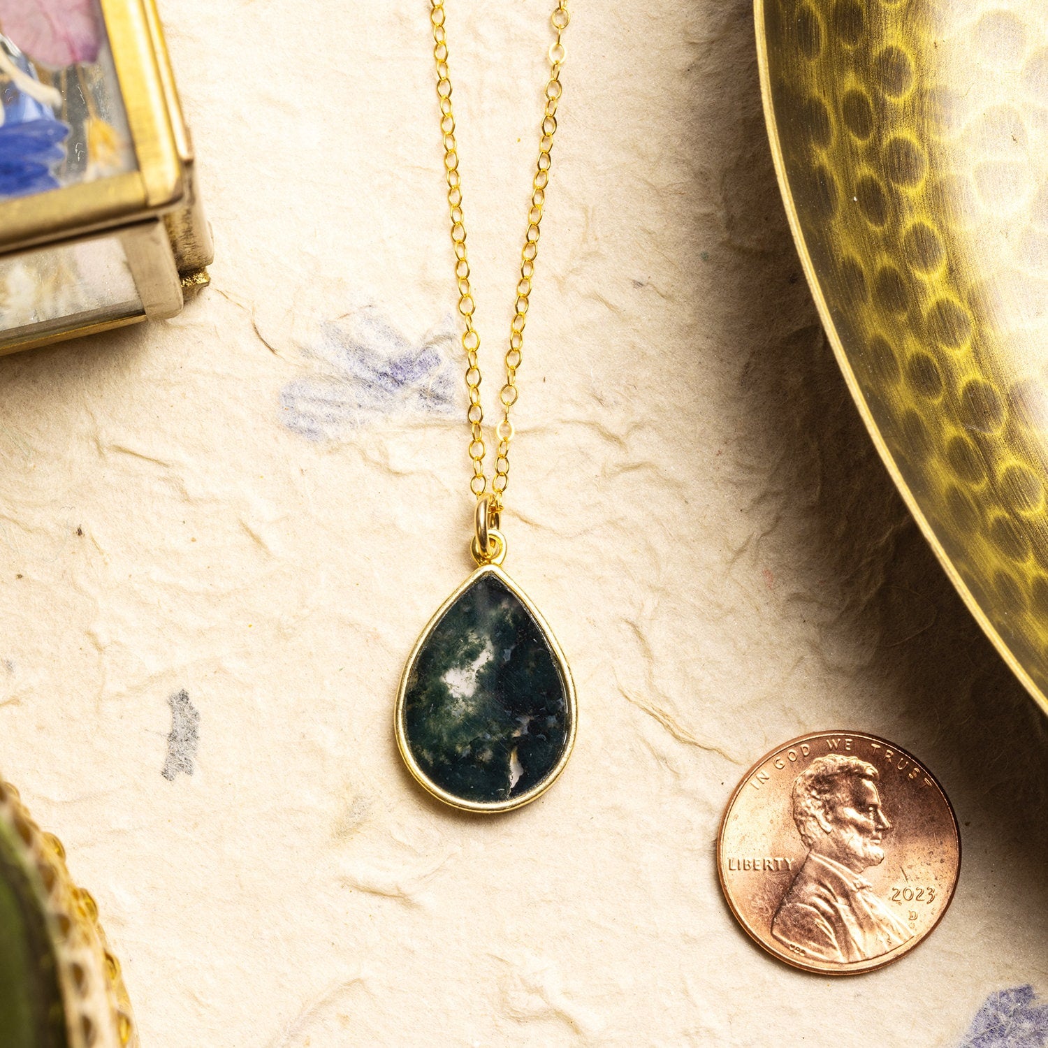 Moss Agate Drop Pendant Necklace 14k Gold Filled Delicate chain Necklaces Soul & Little Rose