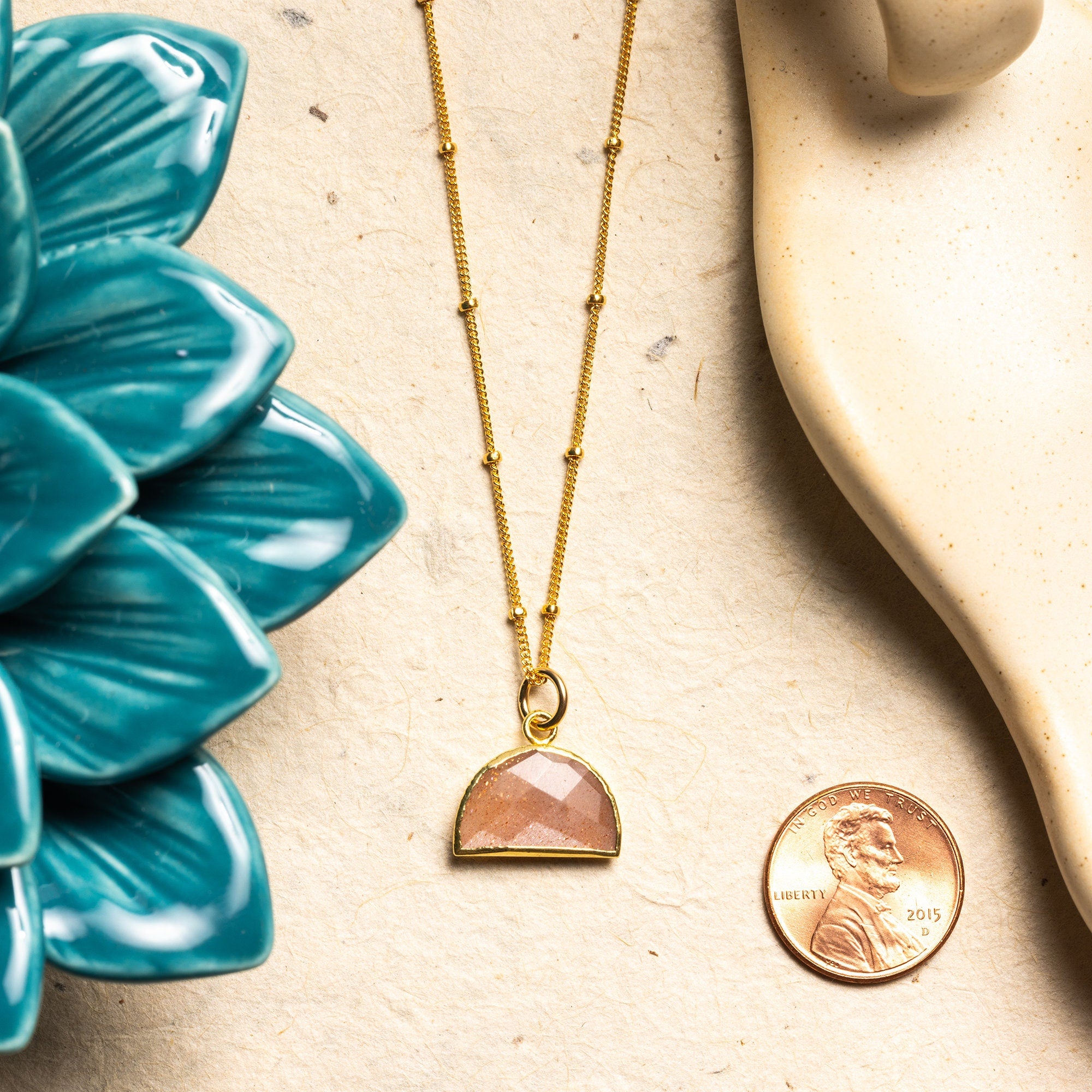 Gold Peach Moonstone Half Circle Shape Pendant Necklace Necklaces Soul & Little Rose