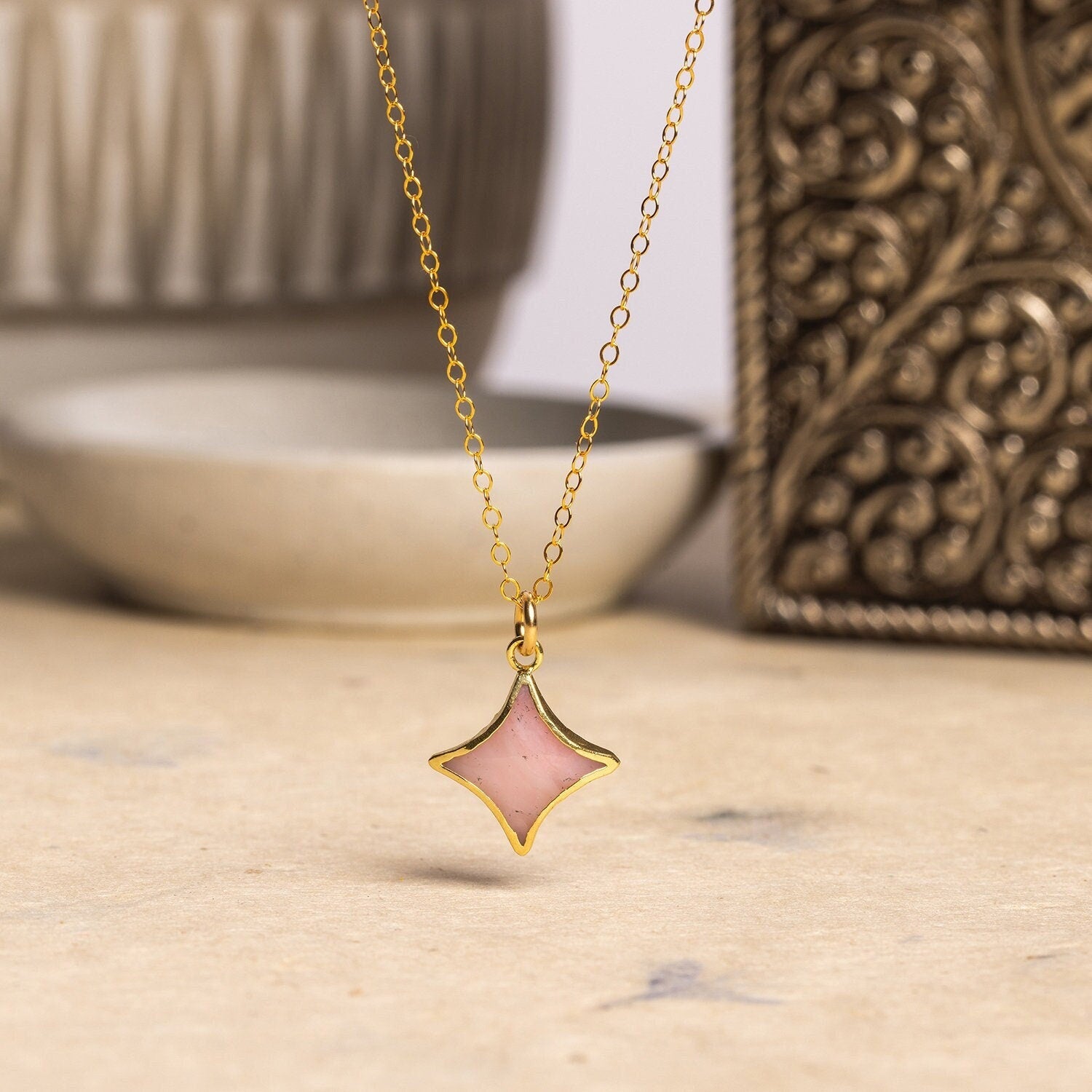 Pink Opal Star Gold Necklace 14k gold filled adjustable dainty