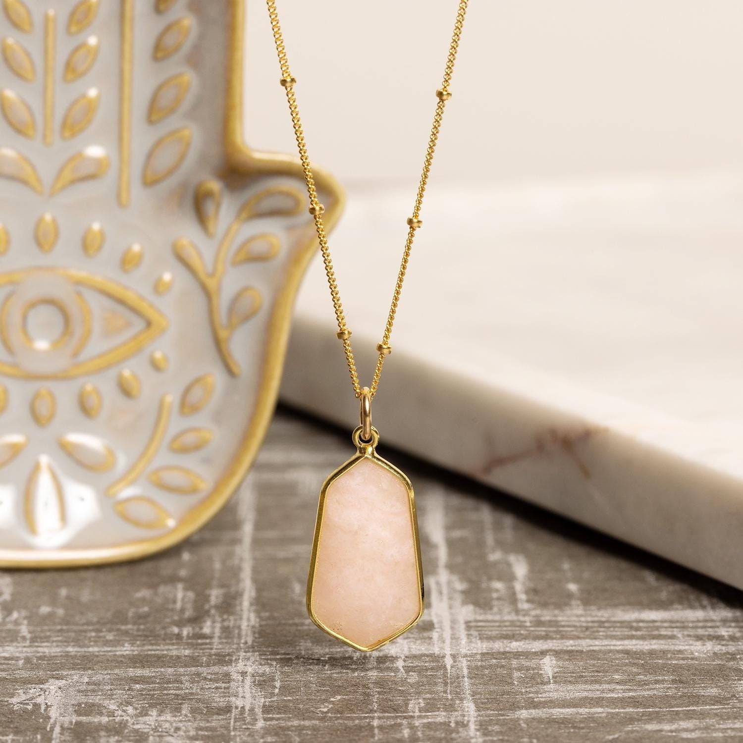 Pink Opal Large Hexagon Pendant Necklace on 14k Gold Filled Satellite Chain Necklaces Soul & Little Rose