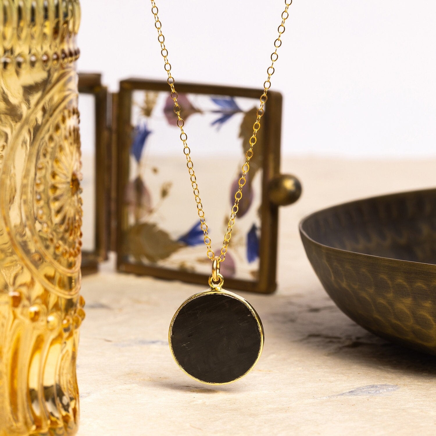 Cat's Eye Round Black Pendant Necklace for Her 14k Gold Filled Chain Necklaces Soul & Little Rose