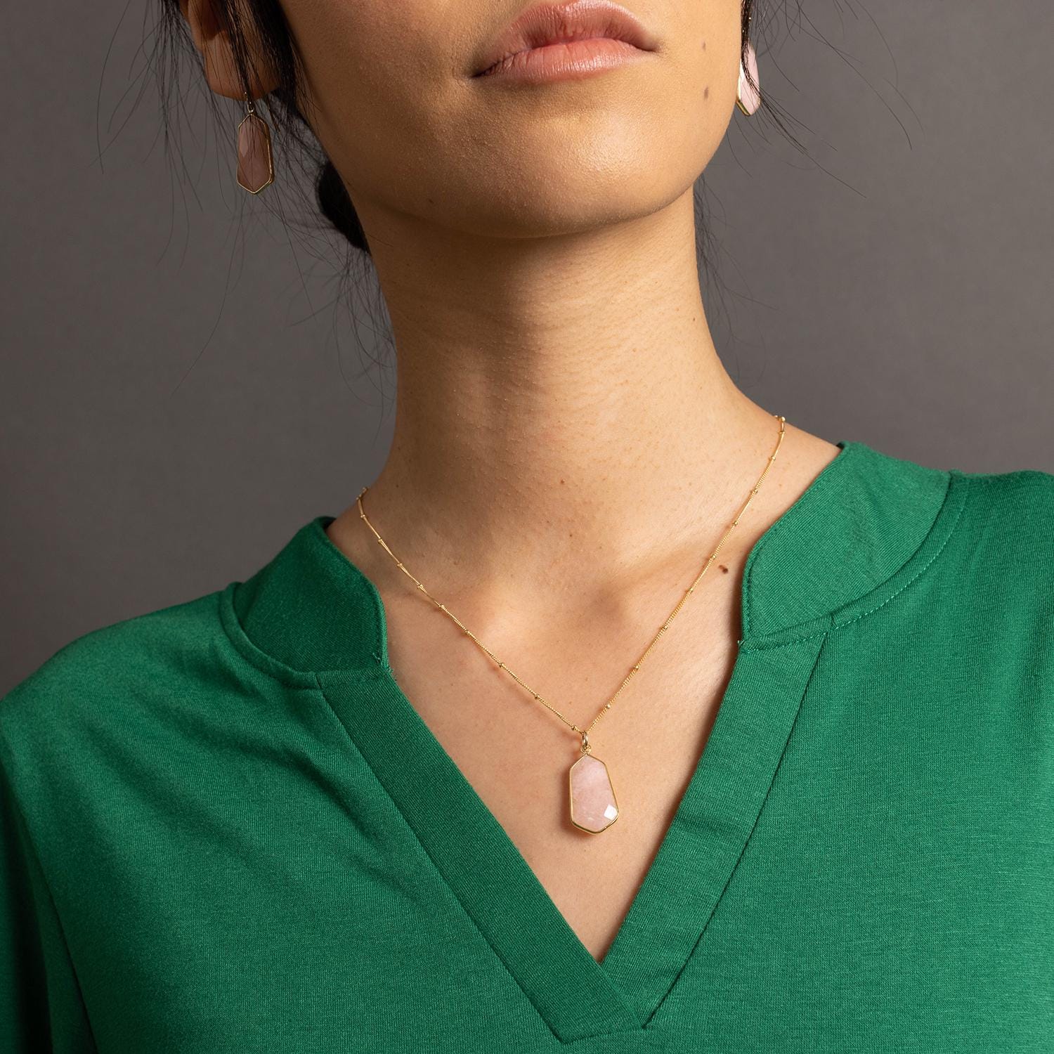 Pink Opal Large Hexagon Pendant Necklace on 14k Gold Filled Satellite Chain Necklaces Soul & Little Rose