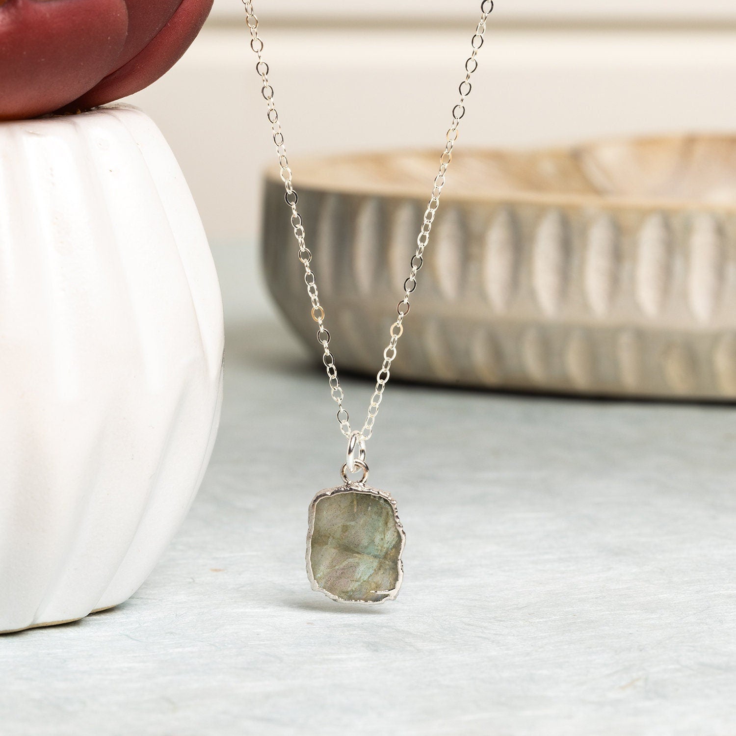 Labradorite Raw Slice Pendant Necklace on 925 Sterling Silver chain Necklaces Soul & Little Rose