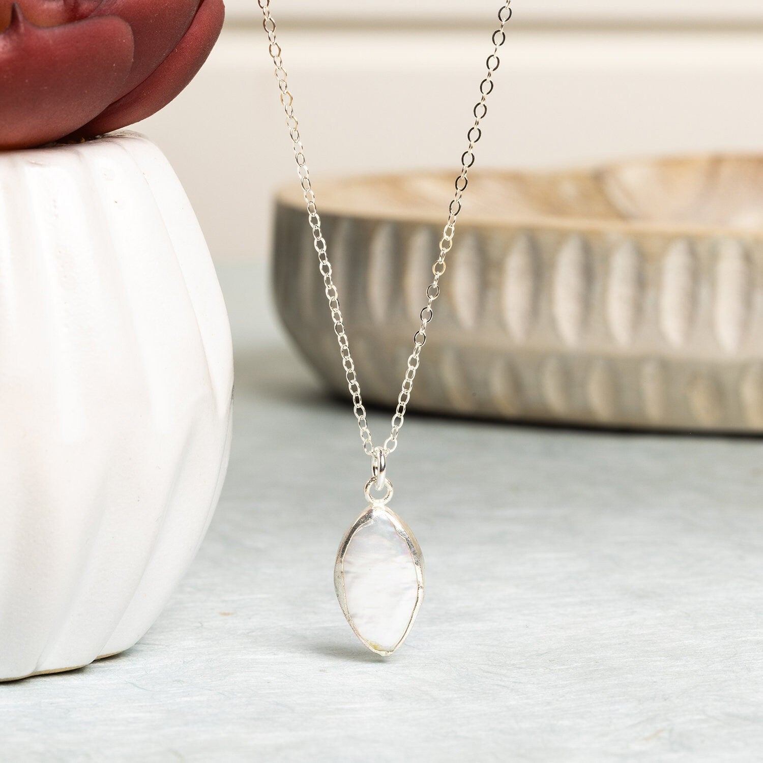 Sterling Silver elongated oval pendant necklace on dainty cable chain Necklaces Soul & Little Rose