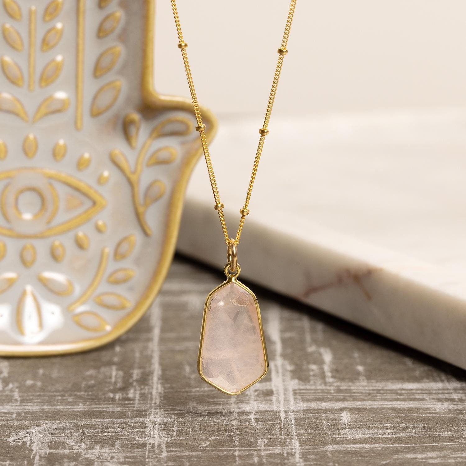 Rose Quartz Large Hexagon Pendant Necklace on 14k Gold Filled Satellite Chain Necklaces Soul & Little Rose