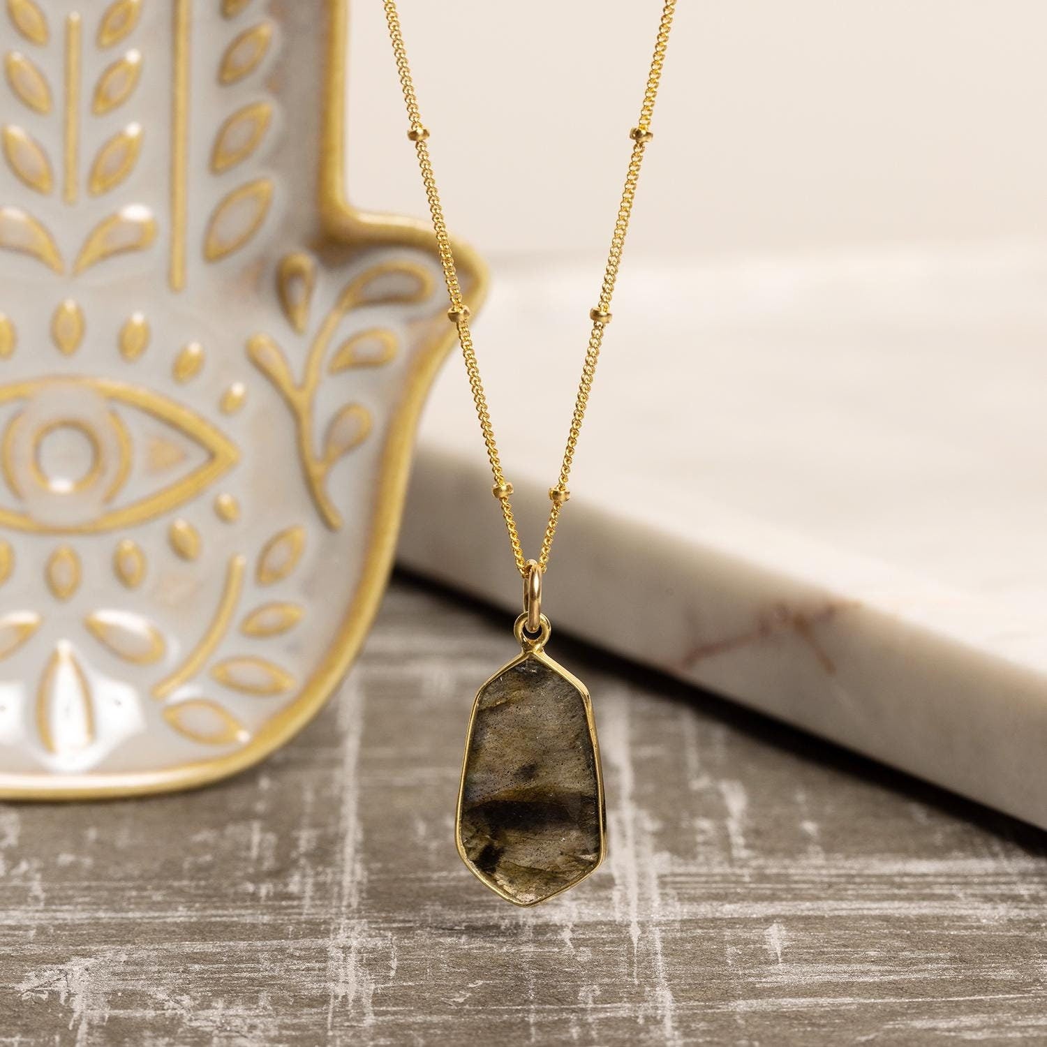 Labradorite Large Hexagon Pendant Necklace on 14k Gold Filled Satellite Chain Necklaces Soul & Little Rose