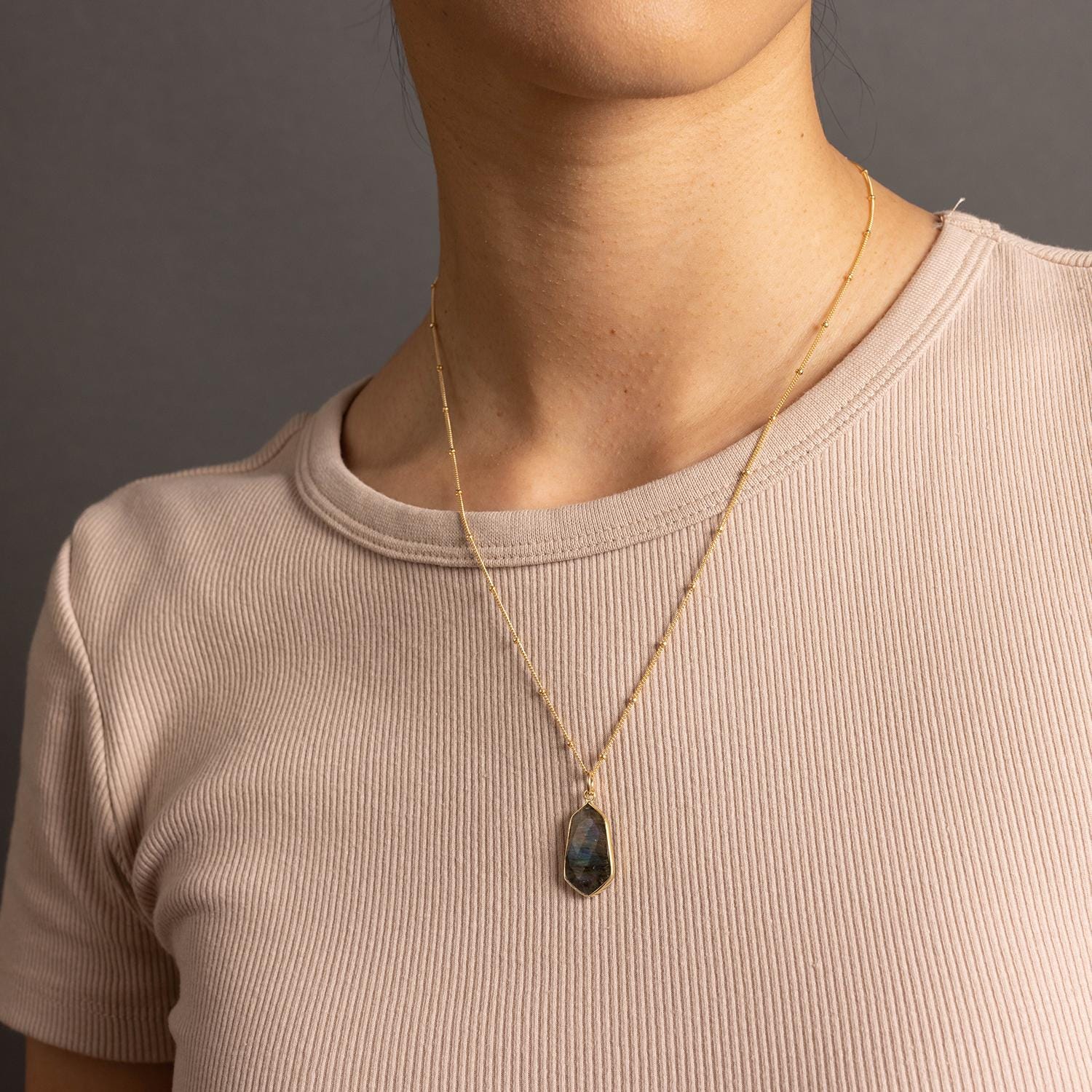 Labradorite Large Hexagon Pendant Necklace on 14k Gold Filled Satellite Chain Necklaces Soul & Little Rose