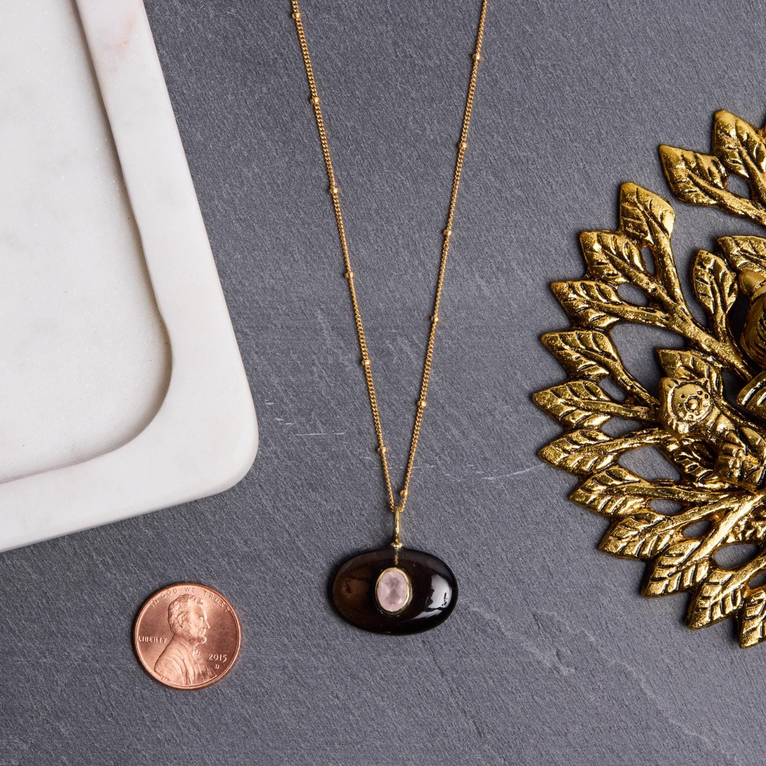 Large Oval Gold Filled Smoky and Rose Quartz Pendant Necklace Necklaces Soul & Little Rose