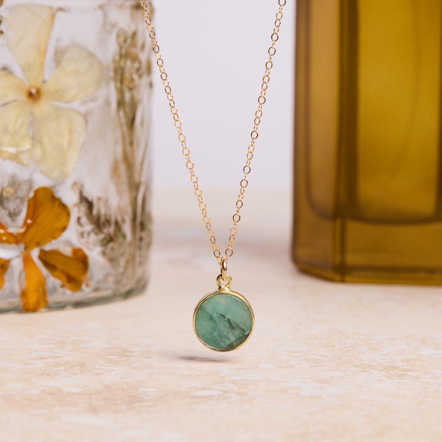 May Birthstone - Gold Raw Emerald Round Gemstone Necklace Necklaces Soul & Little Rose