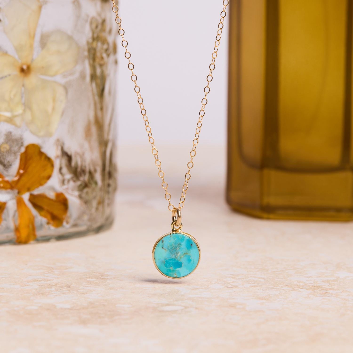 December Birthstone - Gold Turquoise Round Gemstone Necklace Necklaces Soul & Little Rose