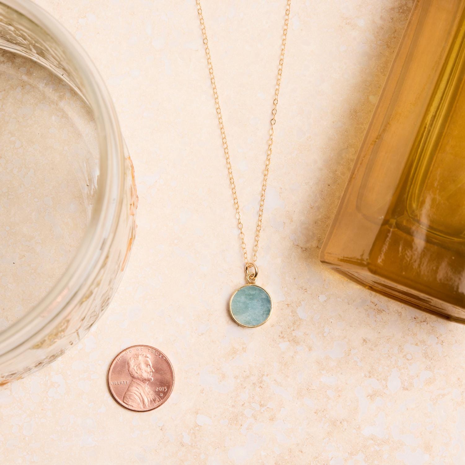 March Birthstone - Gold Aquamarine Round Gemstone Necklace Necklaces Soul & Little Rose