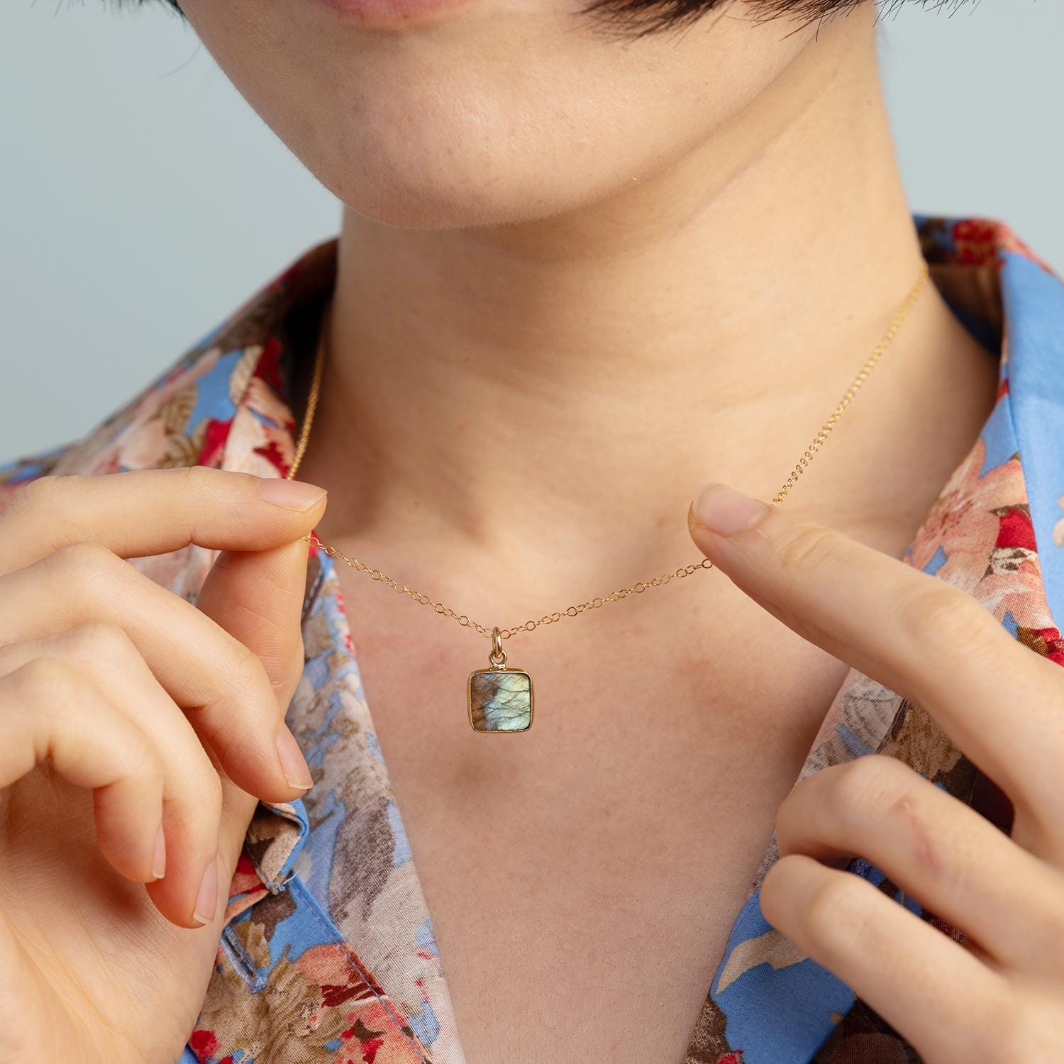 Labradorite Pendant - Geometric, Square, Minimalist Gold Charm Necklace Necklaces Soul & Little Rose