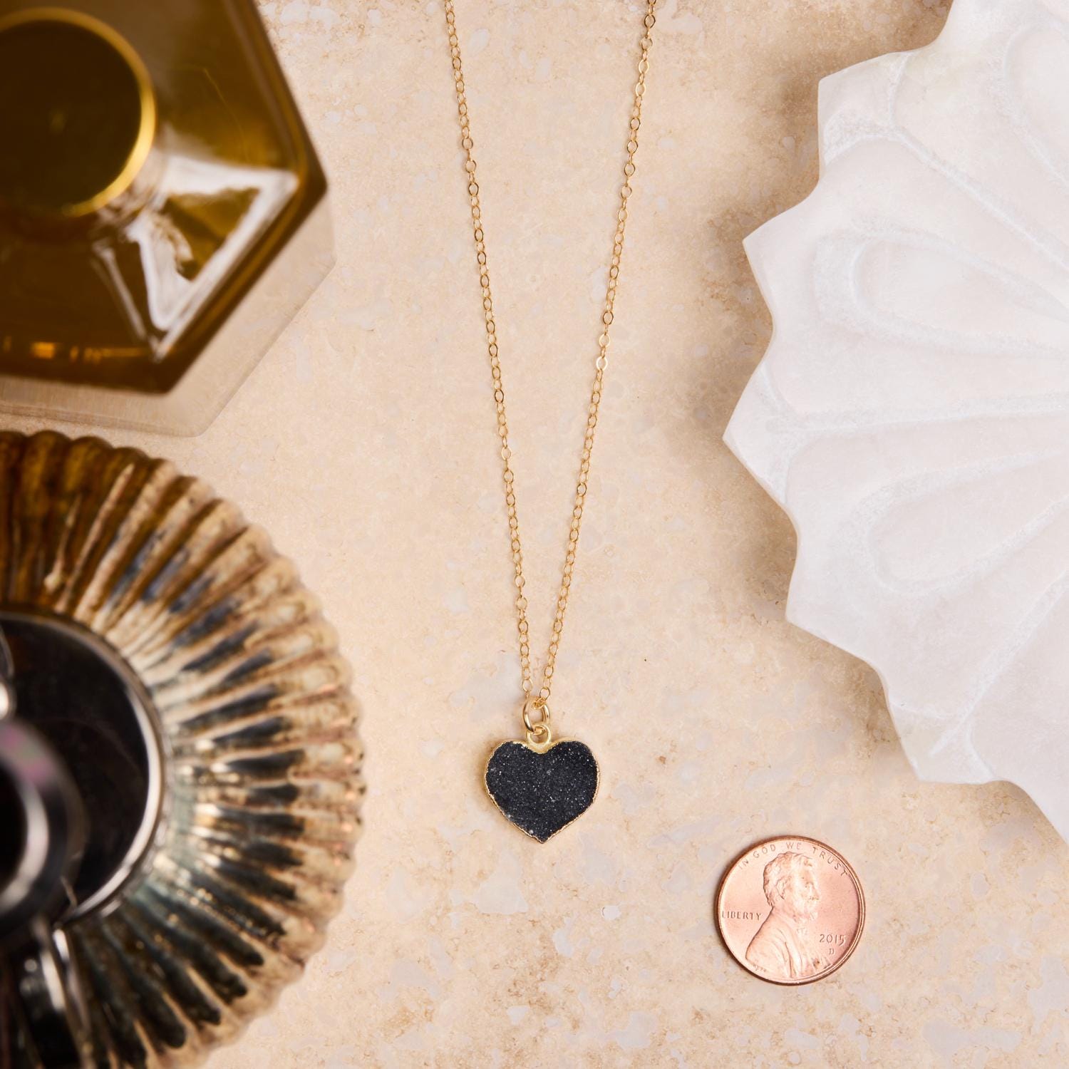 Druzy Black Heart Pendant Necklace on 14k Gold Filled Delicate Adjustable Cable Chain Necklaces Soul & Little Rose