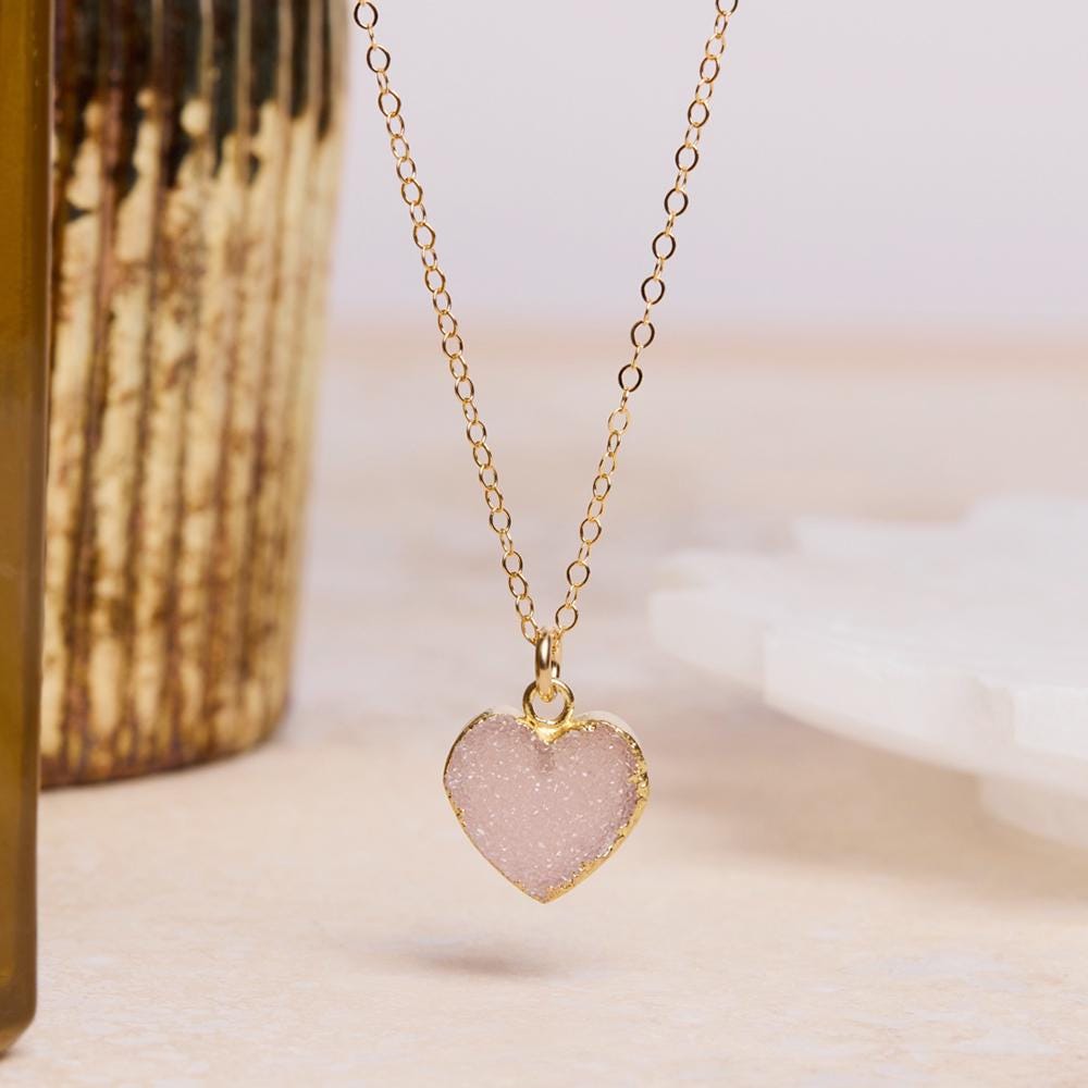 Druzy Pink Heart Charm Necklace on 14k Gold Filled Dainty Cable Chain Necklaces Soul & Little Rose
