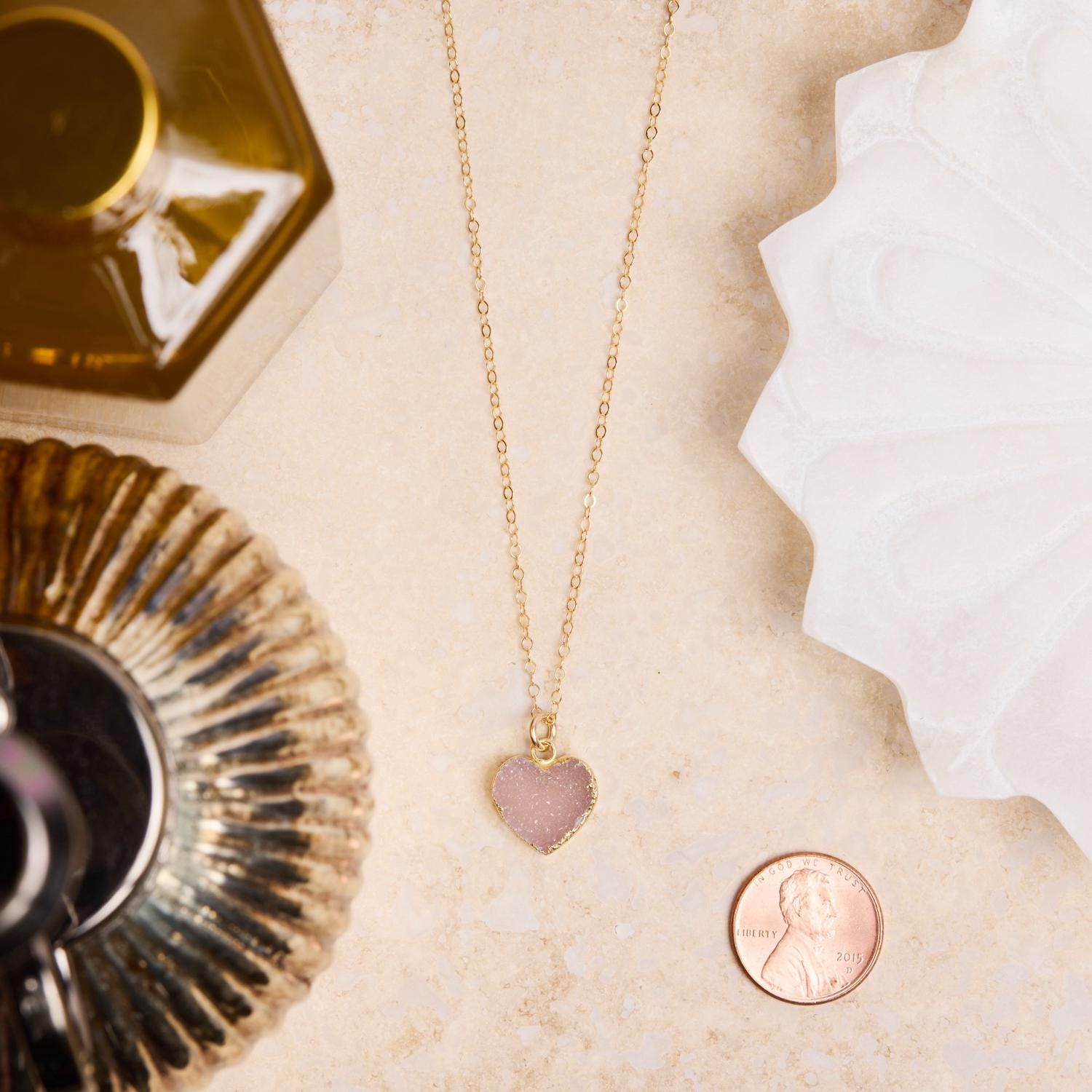 Druzy Pink Heart Charm Necklace on 14k Gold Filled Dainty Cable Chain Necklaces Soul & Little Rose