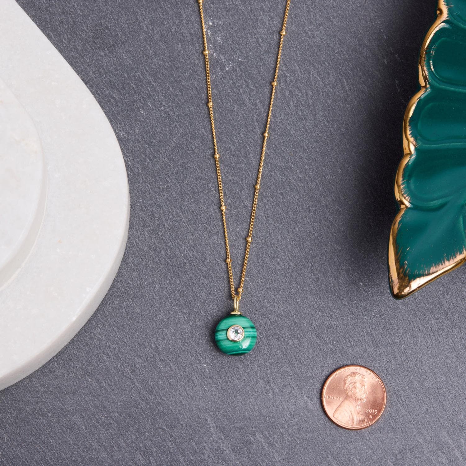 Malachite and Topaz Rounded Pendant on 14k Gold Filled Elegant Chain Necklaces Soul & Little Rose