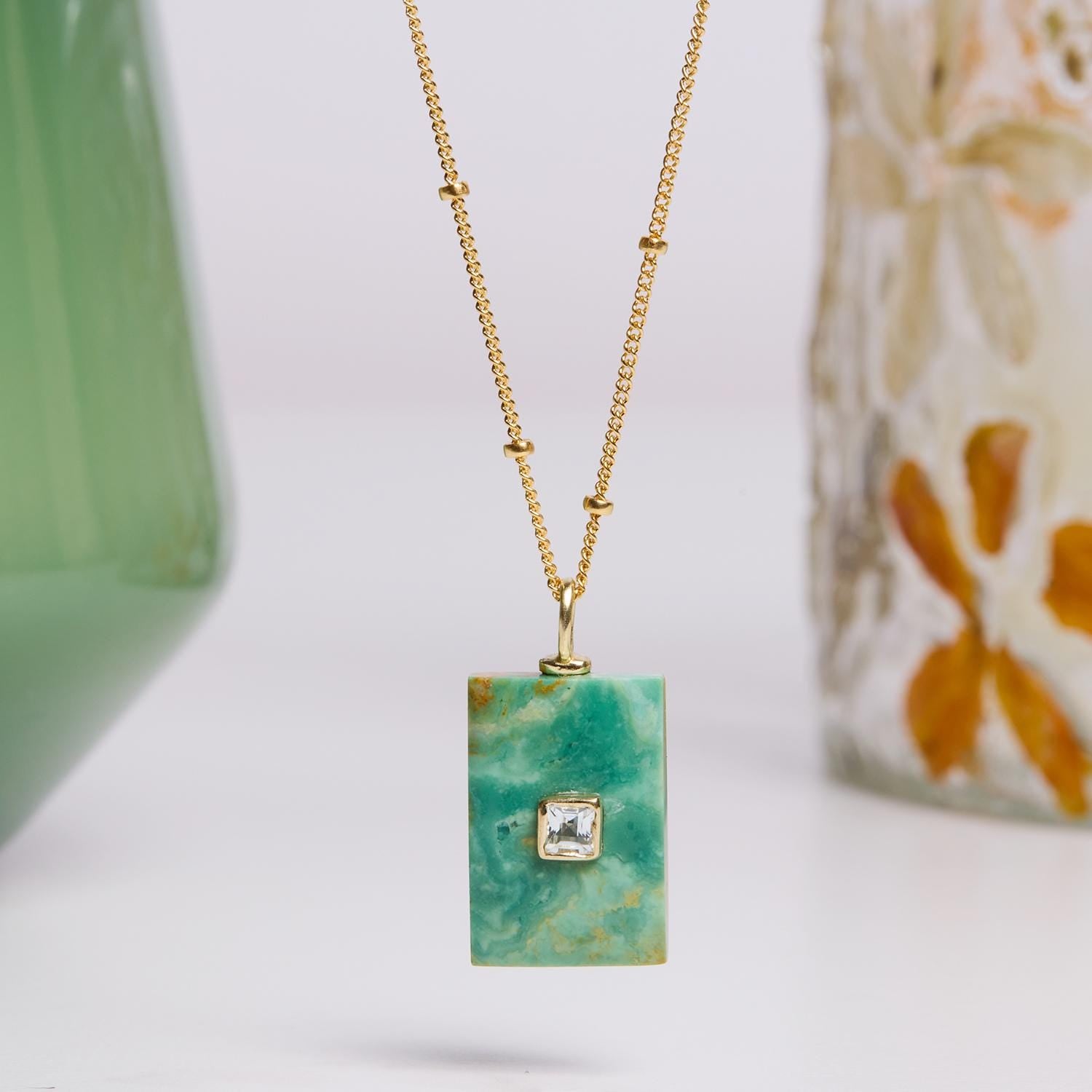 Green Turquoise Geometric CZ Gemstone Necklace on 14k Gold Filled Chain Necklaces Soul & Little Rose