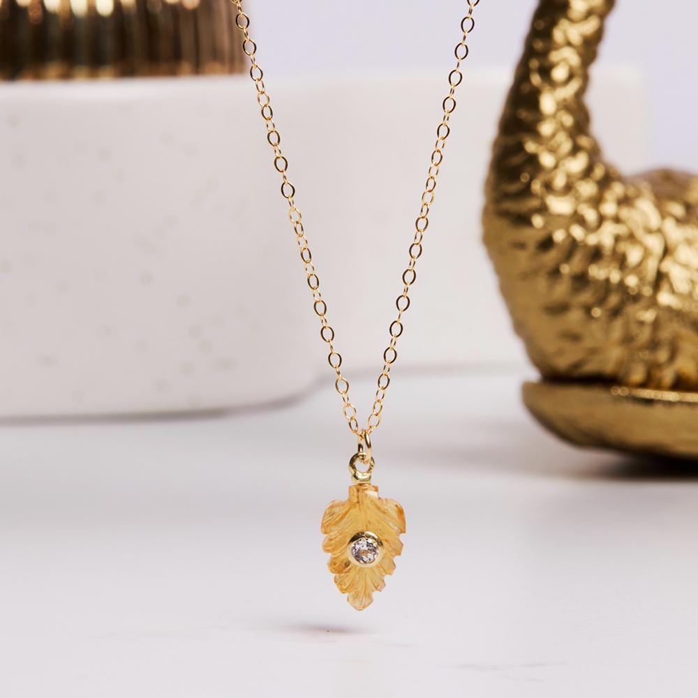 Citrine and White Topaz Leaf on Dainty Gold Chain Necklace Necklaces Soul & Little Rose